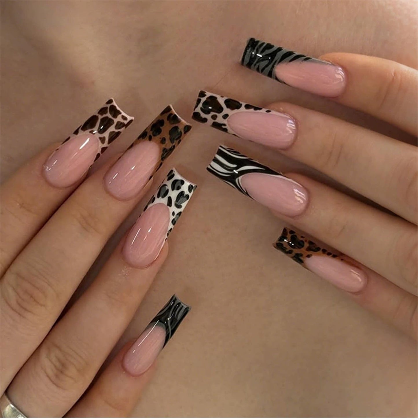 IMSOHOT Fall Press on Nails Long Square Fake Nails Glossy Brown French Tips False Nails with Zebra Stripes & Leopard Print Designs Full Cover Acrylic Glue on Nails for Women 24Pcs