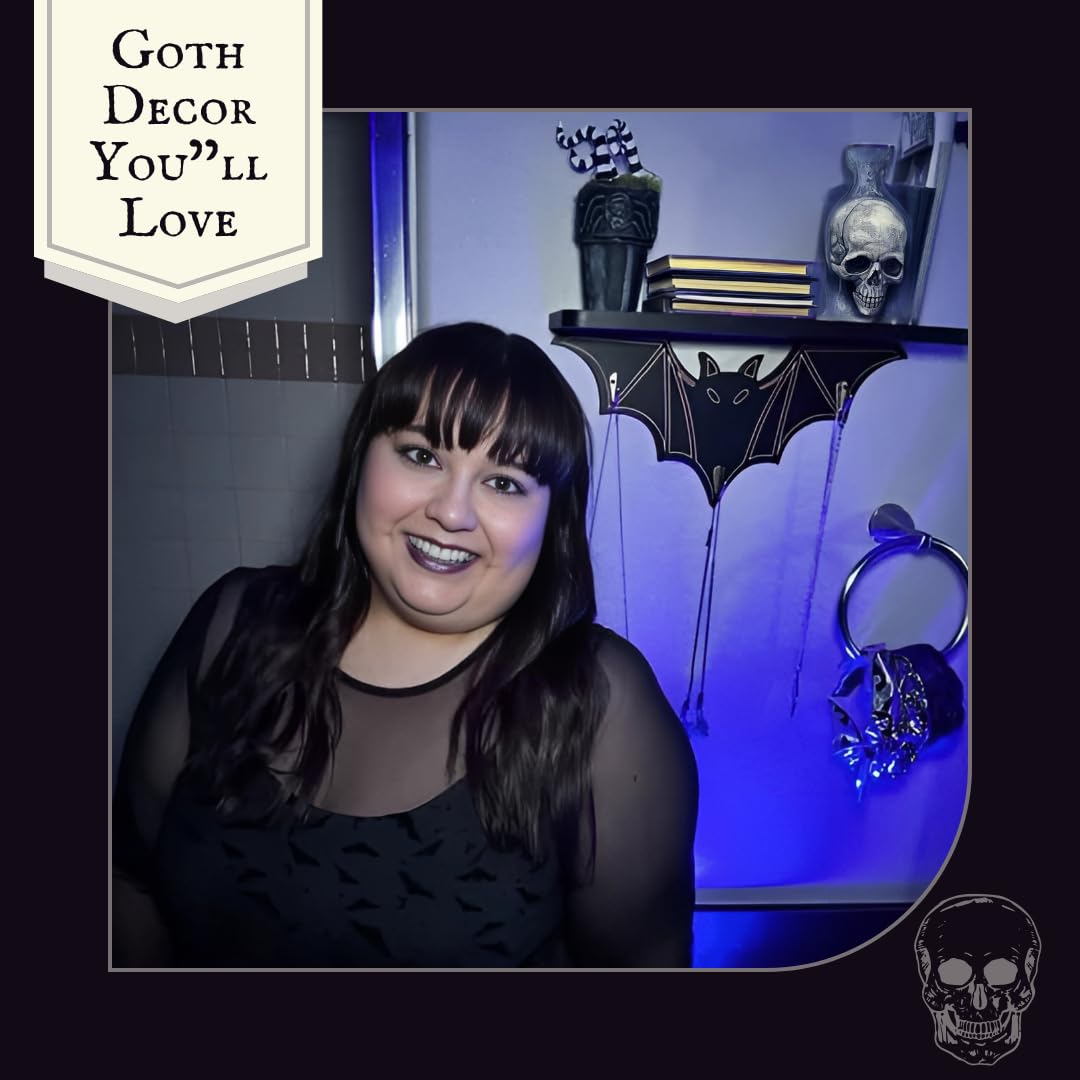 Gothic Bat Shelf Wall Decor with Hooks - Valentines Spooky Goth Themed Gifts for Adults Women with Bat Stickers - Black Floating Shelf for Bedroom Living Room - Unique Vampire Room Lovers Accessories
