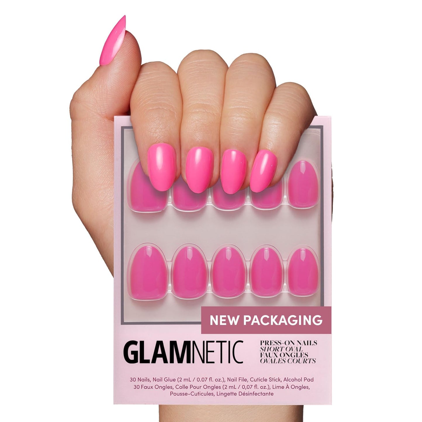 Glamnetic Press On Nails - Hot Pink | Opaque Bright Neon Pink Short Oval Fake Nails, Salon Quality | 15 Sizes - 30 Nail Kit with Glue