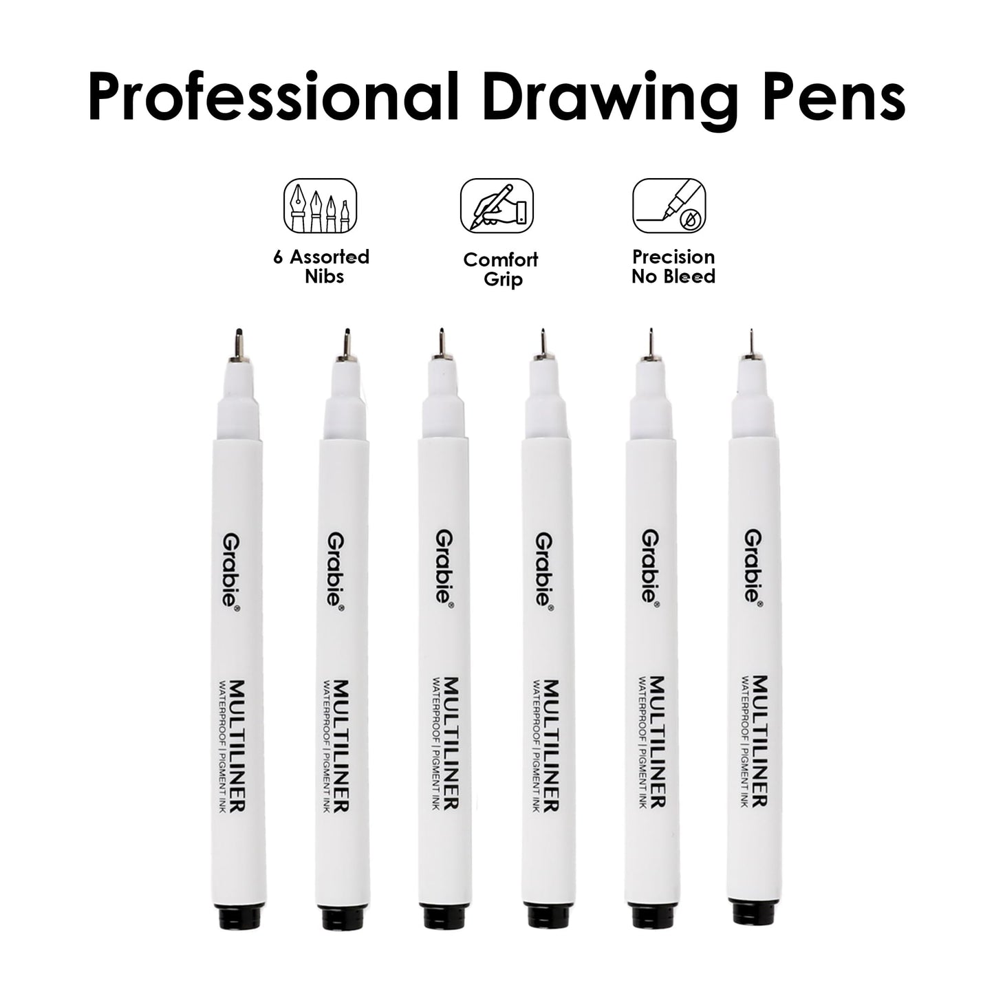 Grabie Micro Finerliner Pens, 6 Archival Black Ink Waterproof Drawing Pens, Assorted Point Sizes for Sketching, Illustration, Journaling, Art Supplies