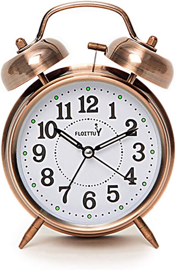 FLOITTUY {Loud Alarm for Deep Sleepers) 4'' Twin Bell Alarm Clock with Backlight for Bedroom and Home Decoration(Red-Brown)
