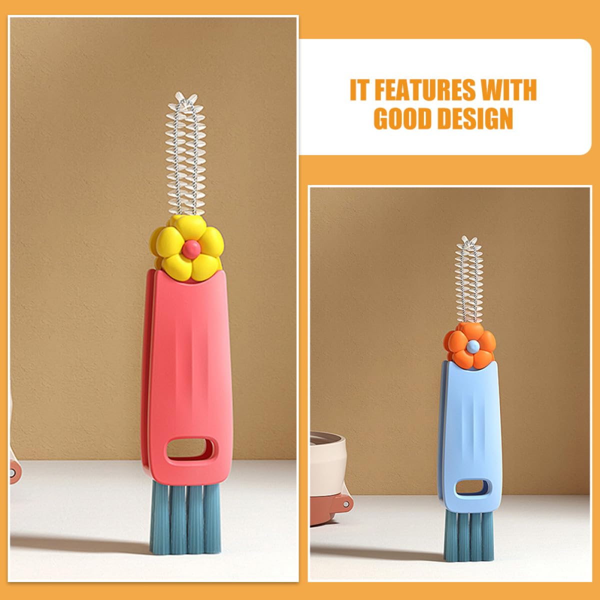 Lurrose Multi-Function Groove Brush Lid Cleaner Set with Hanging Handle, Small Flower Design, Bottle and Cup Crevice Cleaning Brush for Daily Household Use, 3pcs Kit