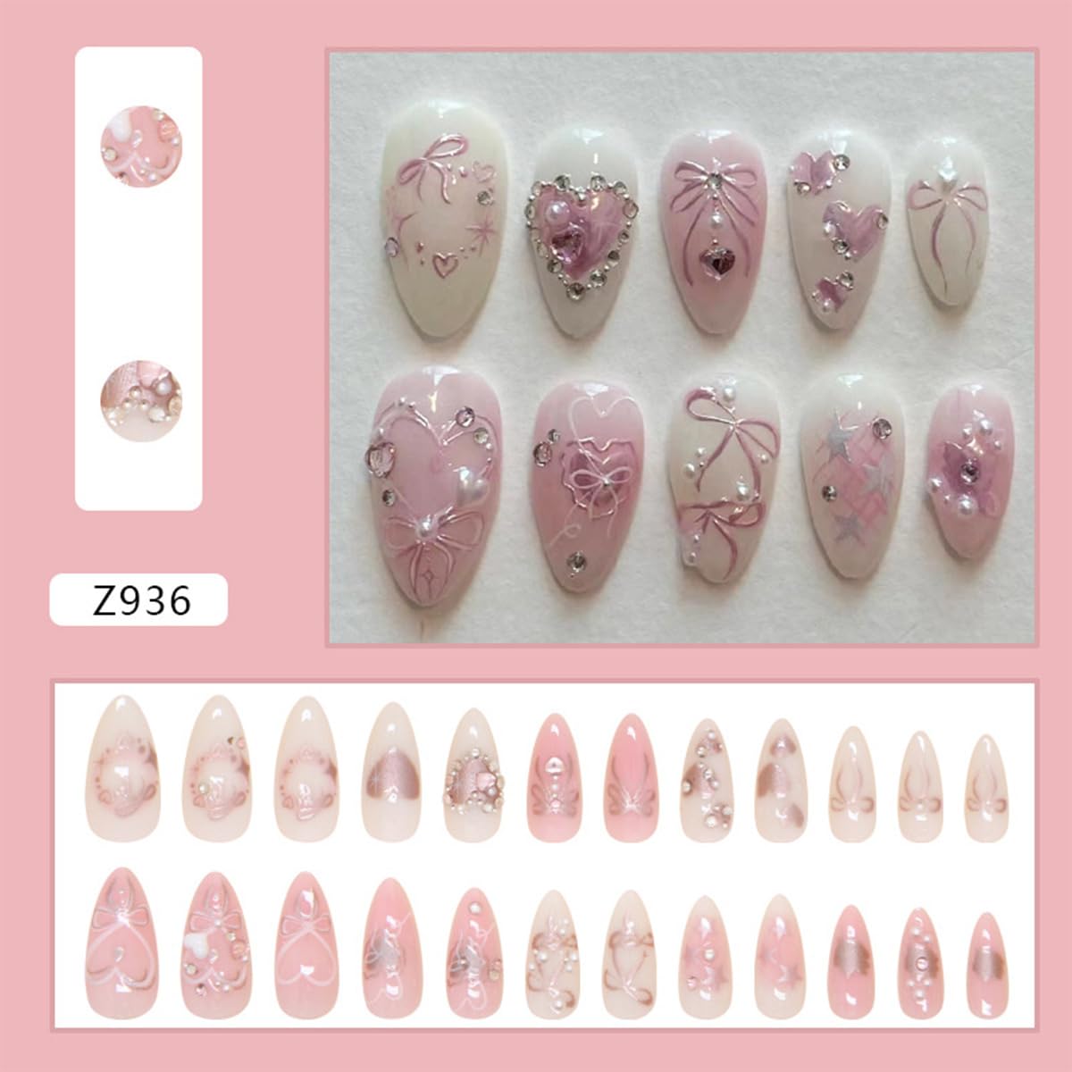 24Pcs Pink Press on Nails Medium Almond Fake Nails with 3D Heart Pearl Bow Rhinestones Designs Cute Glue on Nail Romantic Valentines False Nails Glossy Acrylic Full Cover Stick on Nail for Women