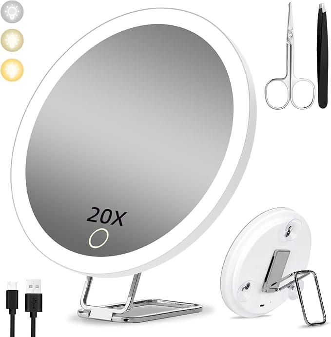 20X Magnifying Mirror with Light, Rechargeable 3 Colors Dimming Lighted Magnifying Mirror with 3 Suction Cups and 360° Stand, 6" Large Travel Tabletop Magnified Makeup Mirror with Tweezers & Scissors