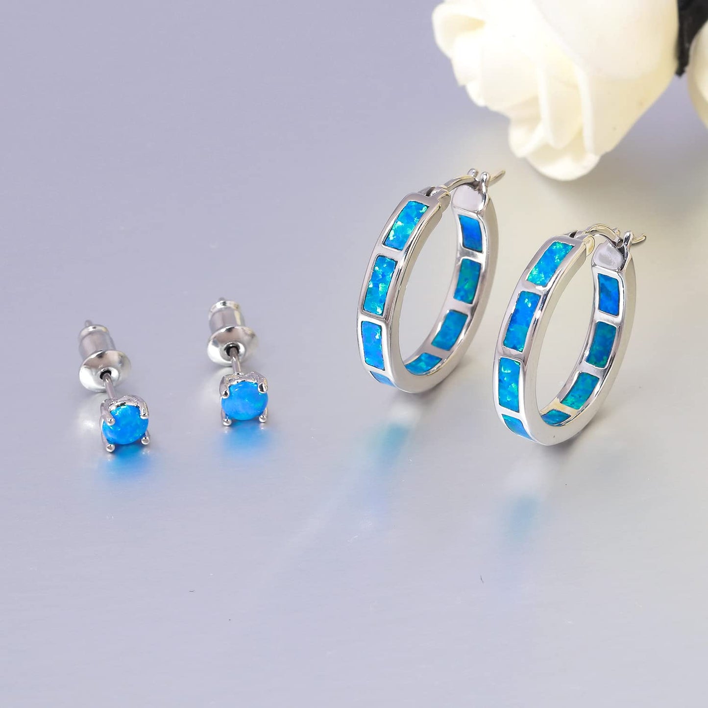 CiNily 2 Pairs Hoop Earring Set for Women Blue Opal Small Hoop Earring Silver Plated Hypoallergenic Opal Stud Earrings
