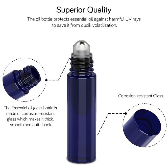 PrettyCare Roller Bottles For Oils 10 ml (Blue Glass, 24 Pack, 2 Extra Stainless Steel Balls, 2 droppers, 1 small brush, 24 Labels, 1 Opener, 1 Funnels Essential Oil Roller Bottles, Roller on Bottles