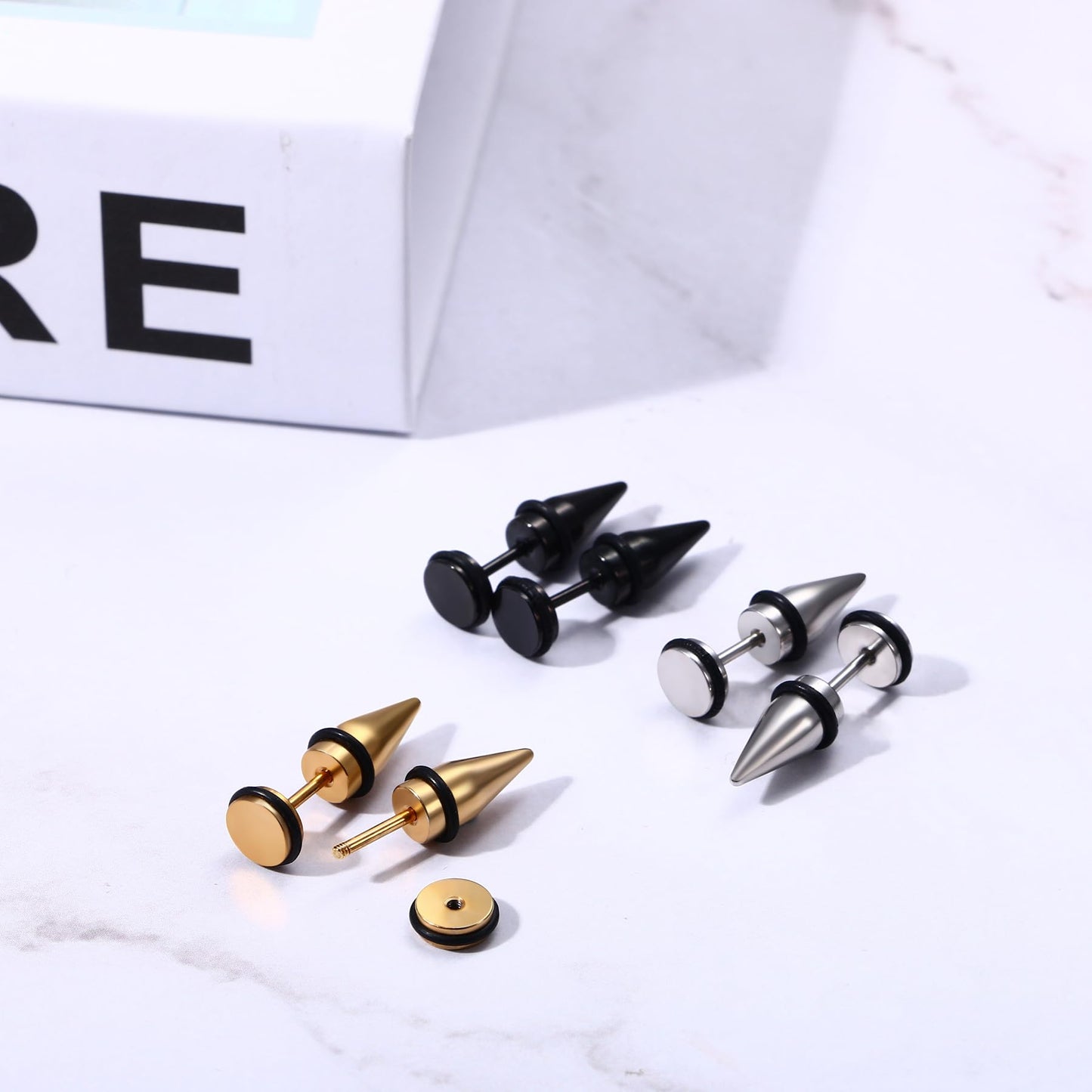 Aroncent 3Pcs Men's Stainless Steel Fake Illusion Tunnel Cheater Piercing Jewelry Spike Stud Earrings Set