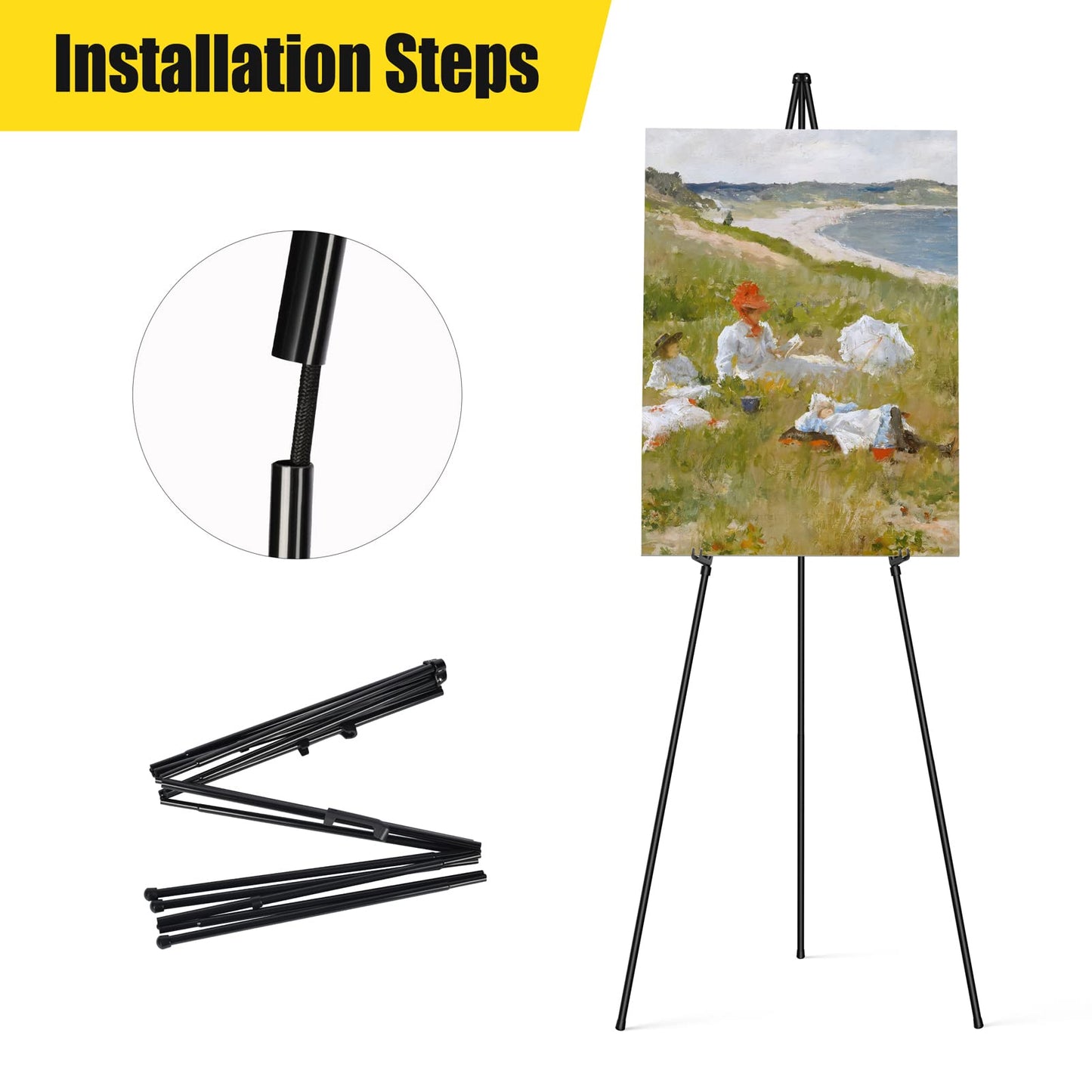 SunyesYoon Display Black Easel Stand for Wedding Sign, Artist Instant Tripod Collapsible Portable Floor Easel for Posters, 63" Adjustable Easy Folding Metal Stand for Display Show, Arts, Painting