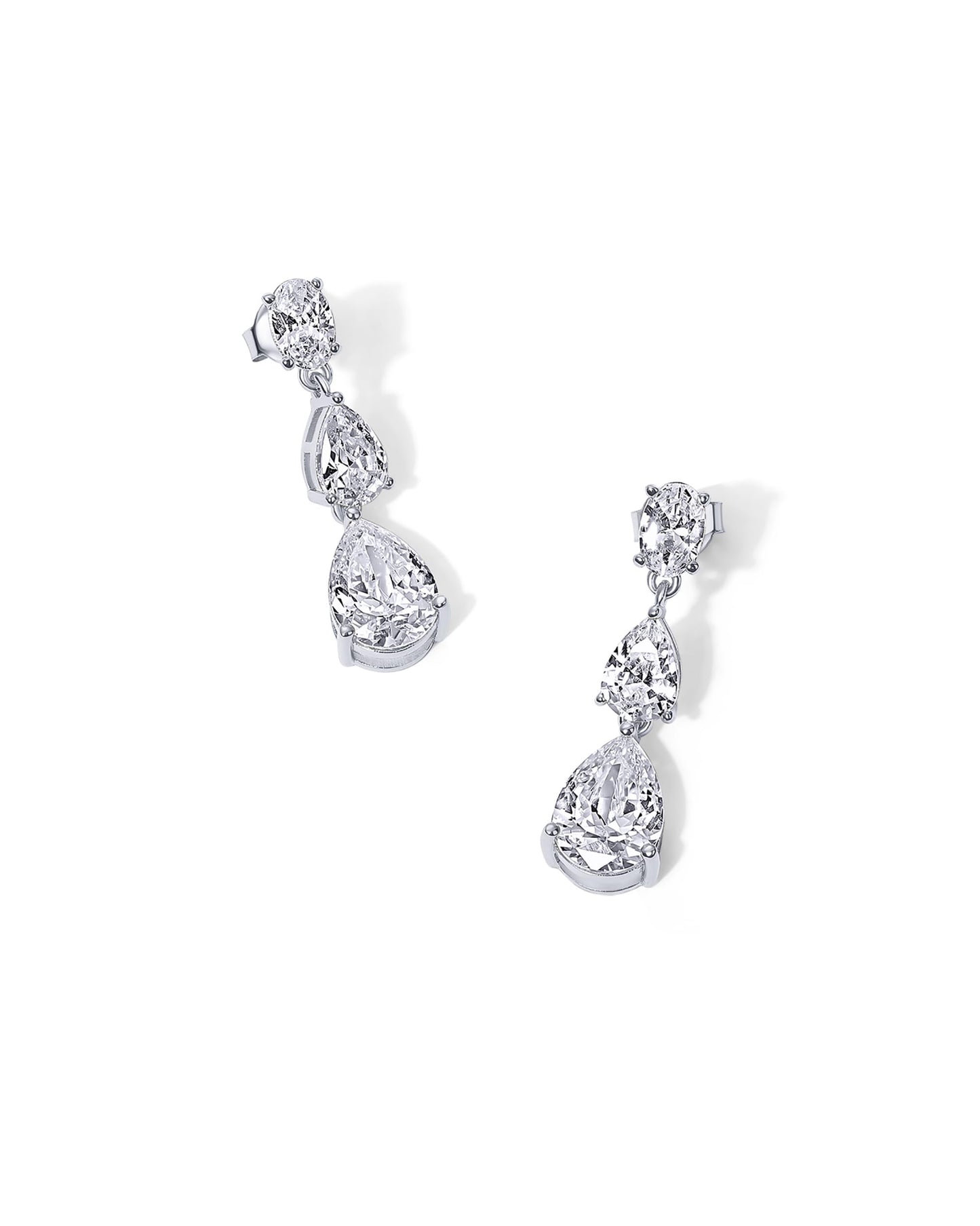 PAVOI Rhodium Plated Cubic Zirconia Dangle Earrings for Women - Crystal Long Linear Bridal Drop Earrings - Triple CZ Pear Simulated Diamond Drop Dangle Wedding Jewelry for Brides & Bridesmaid