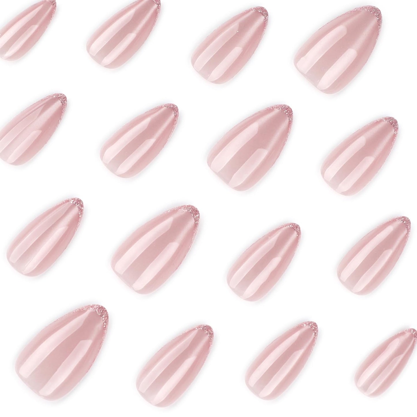 24PCS Soft Gel Press On Nails Almond Nude Pink with Subtle Glitter French Tip, Natural Glossy Glue On Nails, Reusable Fake Nails for Women