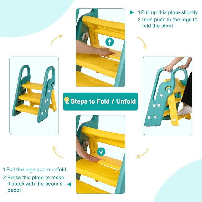 Onasti Foldable Toddler Step Stool for Bathroom Sink, Adjustable 3 Step Stool for Kids Toilet Potty Training Stool with Handles, Child Kitchen Counter Stool Helper, Plastic Ladder for Toddlers Green