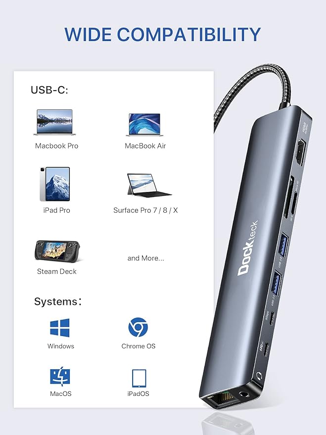 Dockteck 9-in-1 USB-C Hub: HDMI 4K@60Hz, Ethernet, 100W PD, Audio, 2x USB-A 5 Gbps, SD/TF Card Reader for MacBook, iPad, XPS, Microsoft