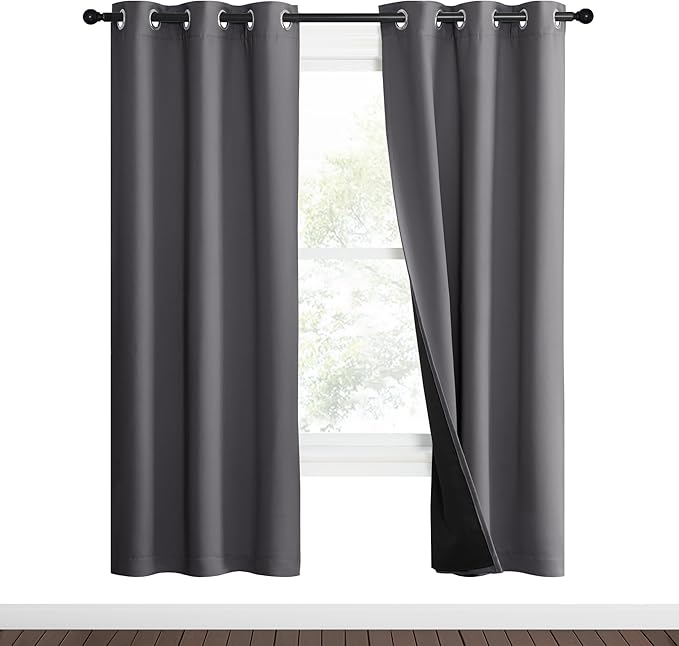 NICETOWN Grey Full Shade Curtain Panels, 37" Wide x 70" Long, Gray, Pair of Thermal Insulated & Energy Efficiency Blackout Curtains for Living Room Windows, Lined Silky Performance Window Dressing