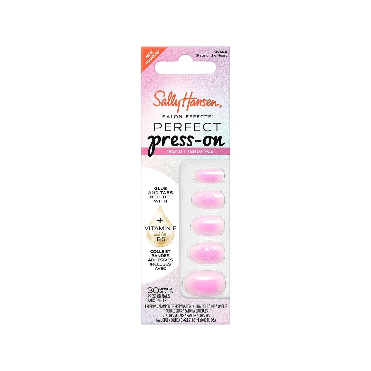 Sally Hansen Salon Effects Perfect Press-On Pink Nails | Oval Shape, 3D Design | Easy to Apply, Non-Damaging, Vitamin E & B5 | 30 Nails, Nail Glue, Adhesive Tabs, File| State of the Heart