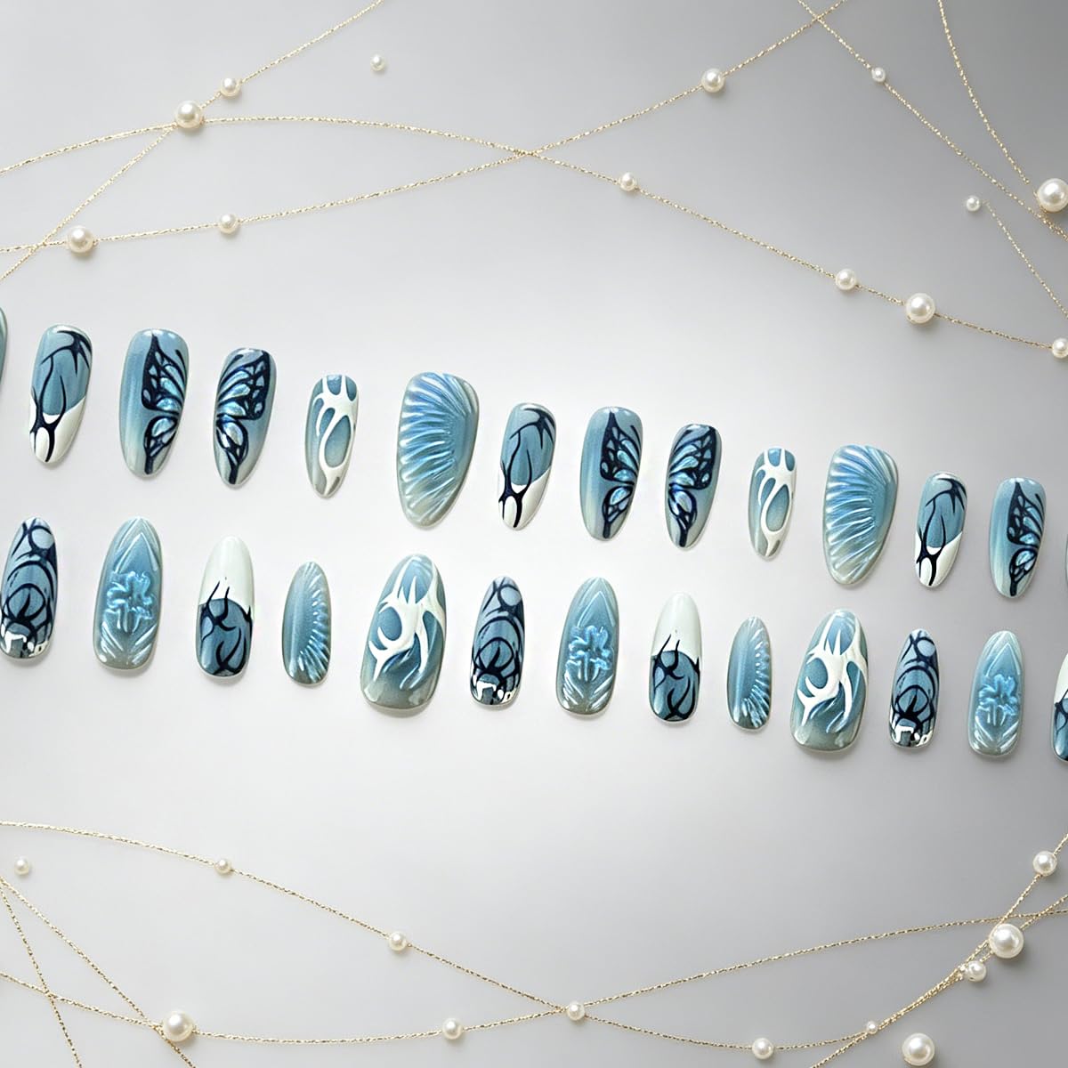 3D Press On Nails Almond Medium Light Blue Fake Nails with Embossed Butterfly Wings Flower French Designs, Acrylic Artificial Nail Press ons False Stick On Nails for Women Girls 30Pcs