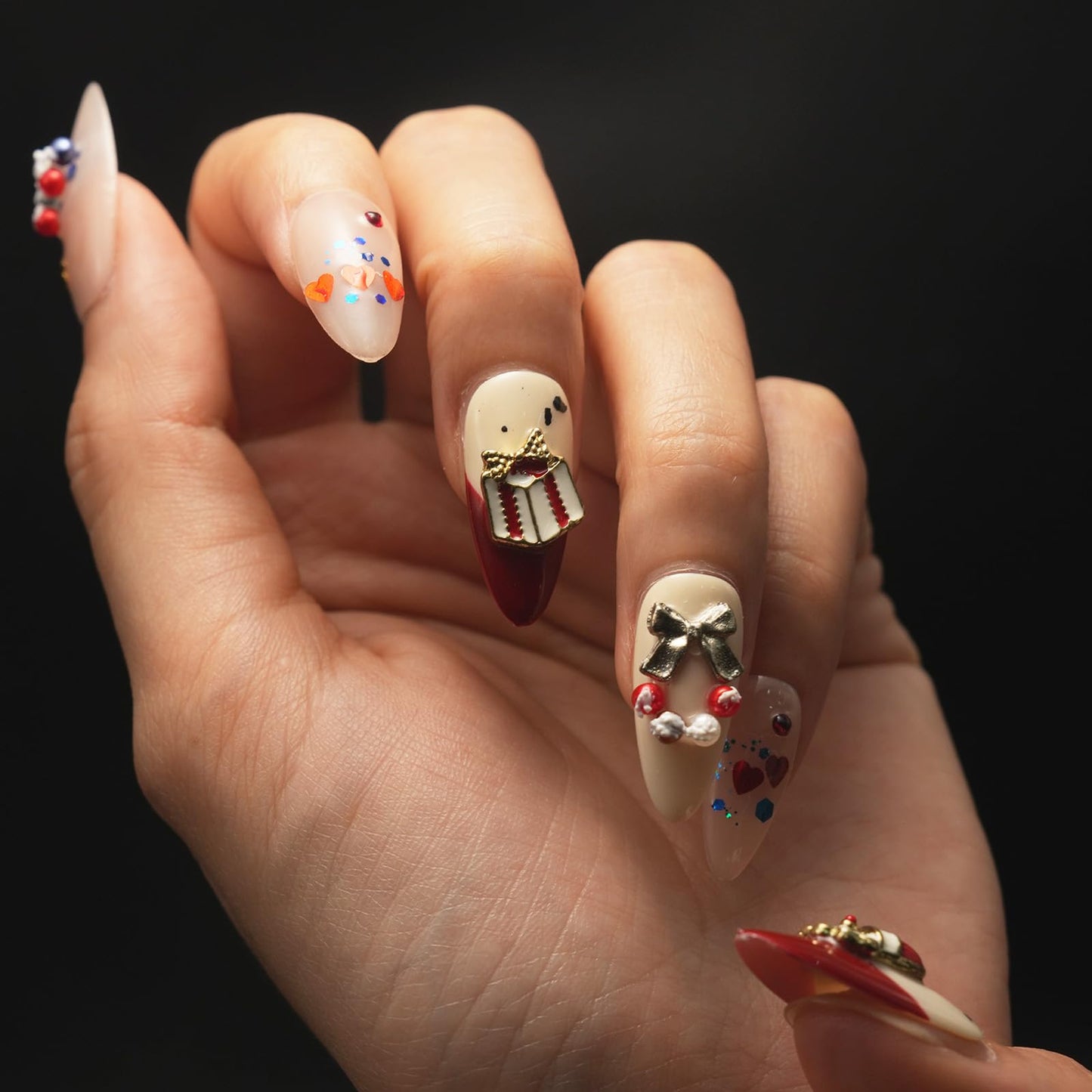 Christmas Handmade Press On Nails – 10pcs Medium Almond Fake Nails, 100% Handmade 3D Santa Claus Designs, Thick Gel Acrylic Full Cover False Nails for Women S SIZE