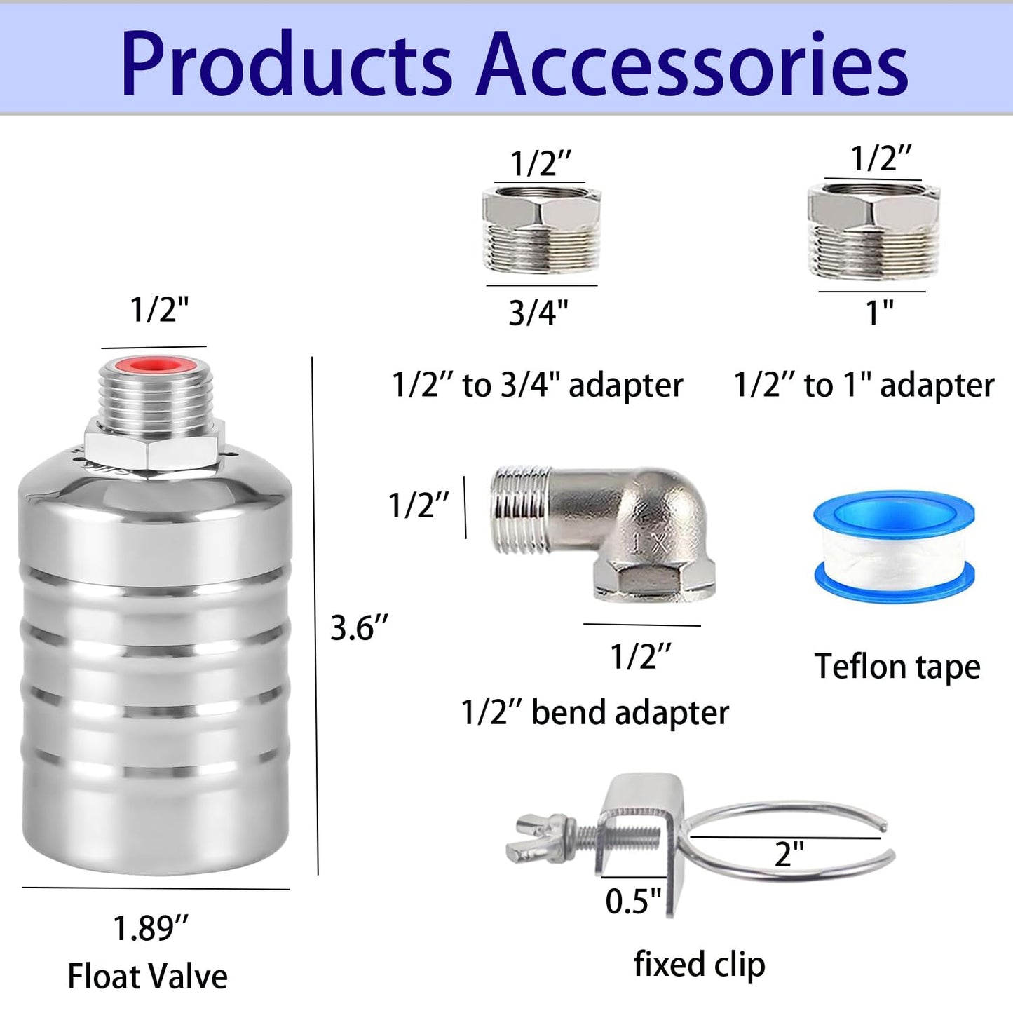 Upgraded Water Float Valve With 1/2" Bend and Adapters, 304 Stainless Steel Automatic Waterline Controller for Cistern, Aquarium, Livestock Trough and Pool