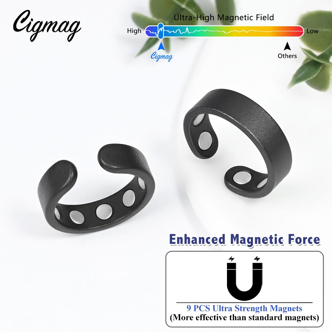 Cigmag 9X Copper Rings for Women Men, with Powerful Magnets, Adjustable Solid Pure Copper (Black Matte)