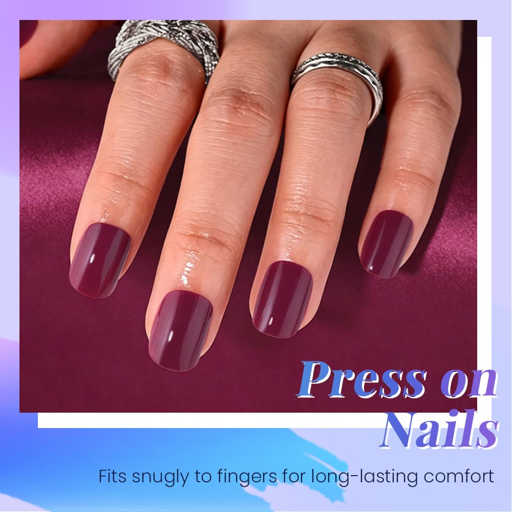 evpct Maroon Red Glossy Squoval Short Press on Nails for Women, Red Extra Short Squoval No Glue Stick on Nails with Kit, Reusable Full Cover Soft Press on Acrylic Fake Nail Salon-quality Perfectly Fit