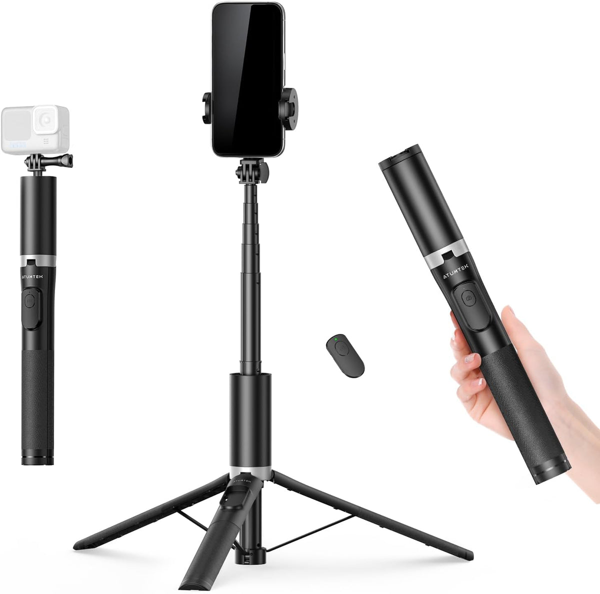 ATUMTEK 63"" Phone Tripod, Extendable Selfie Stick Tripod with Bluetooth Remote, All-in-One Aluminum Phone Tripod Stand with Cold Shoe Mount for 4”-7” iPhone and Android Smartphones Black, ATSS175