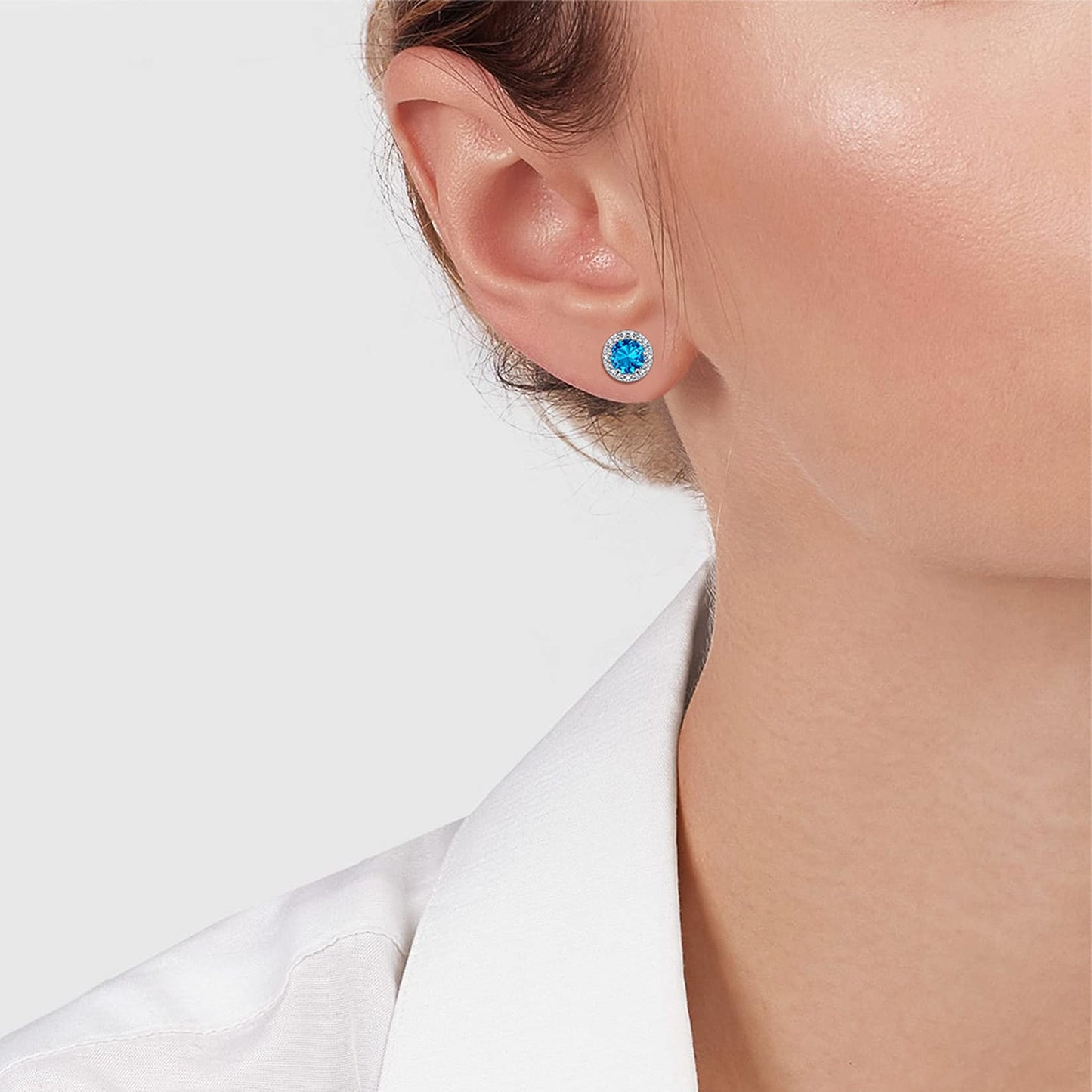 Bestyle CZ Round Diamond Stud Earrings 5mm December Blue Topaz Birthstone Solitaire Earrings, 925 Sterling Silver Earrings Jewelry Gift for Wedding Anniversary Birthday