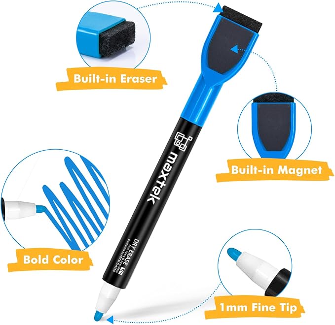 maxtek 24 Count Magnetic Dry Erase Markers, Fine Tip, 6 Colors Whiteboard Markers with Built-in Eraser, Low Odor Thin Markers