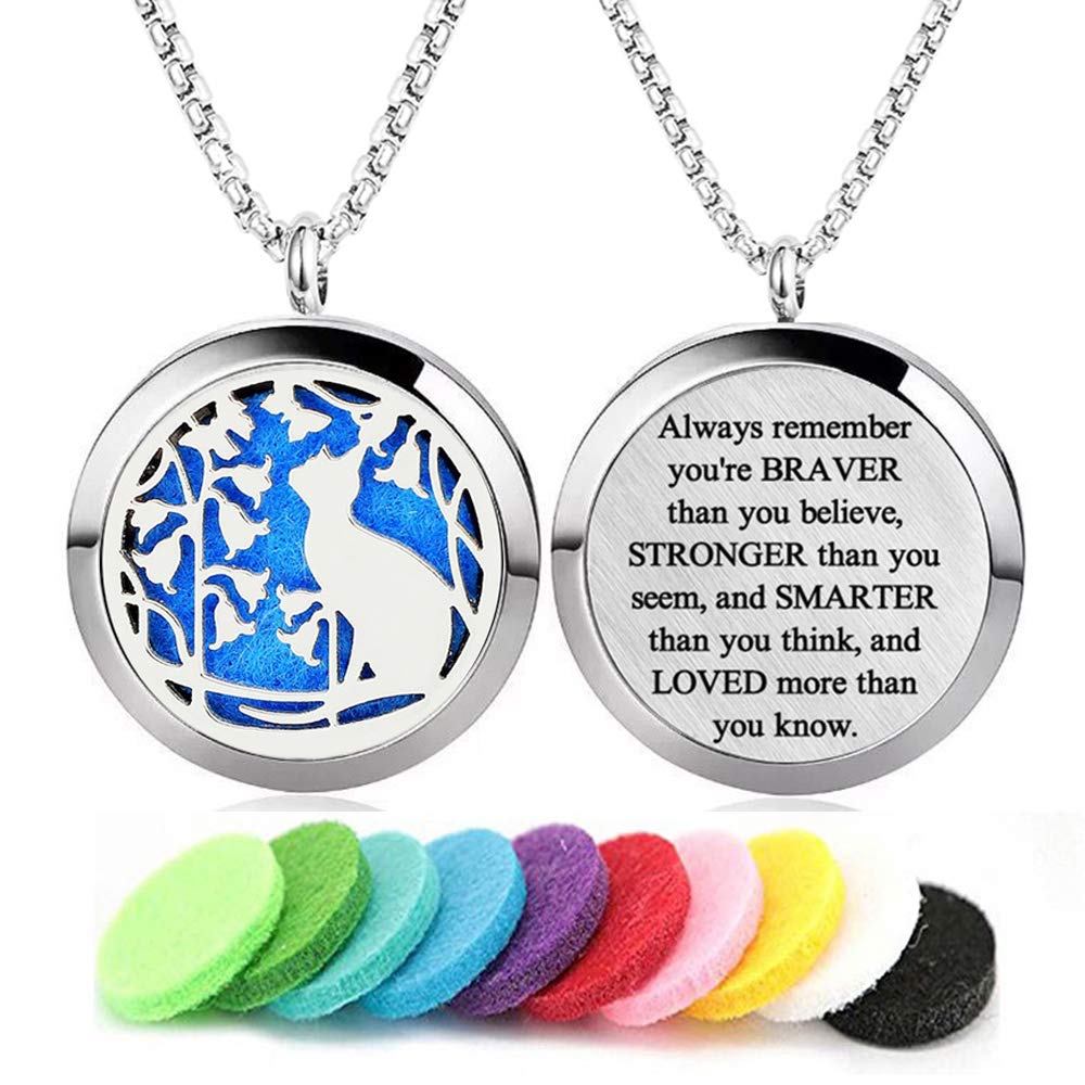 Aromatherapy Essential Oil Diffuser Necklace Stainless Steel lnspirational Locket Pendant（Cat）