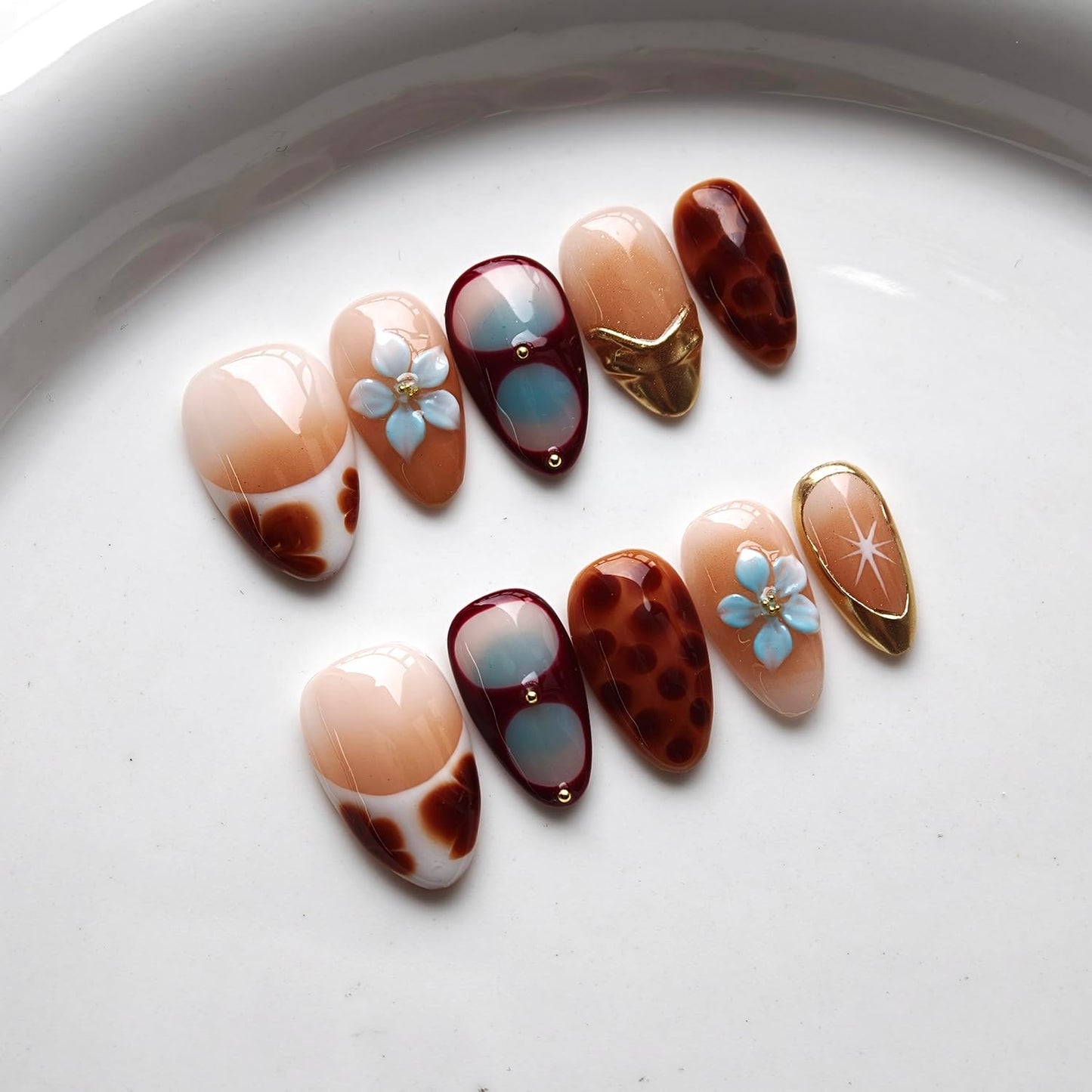 French Tip Press on Nails Handmade Short Almond 3D Thick Acrylic Nails False Nails with Tortoiseshell Flower Gold Ball Starlight Gradient Designs Glossy Fake Nail Sturdy Art Press on Nail 10Pcs(S)