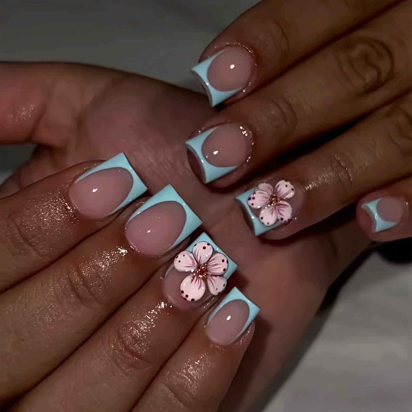 HOSAILY 3D Flower Press ons Nails Extra Short Square, Blue French Floral Spring Summer Daily Semi-Handmade Full Cover Stick on Nails for Women, 24Pcs Glossy Reusable Fake False Nails with Glue