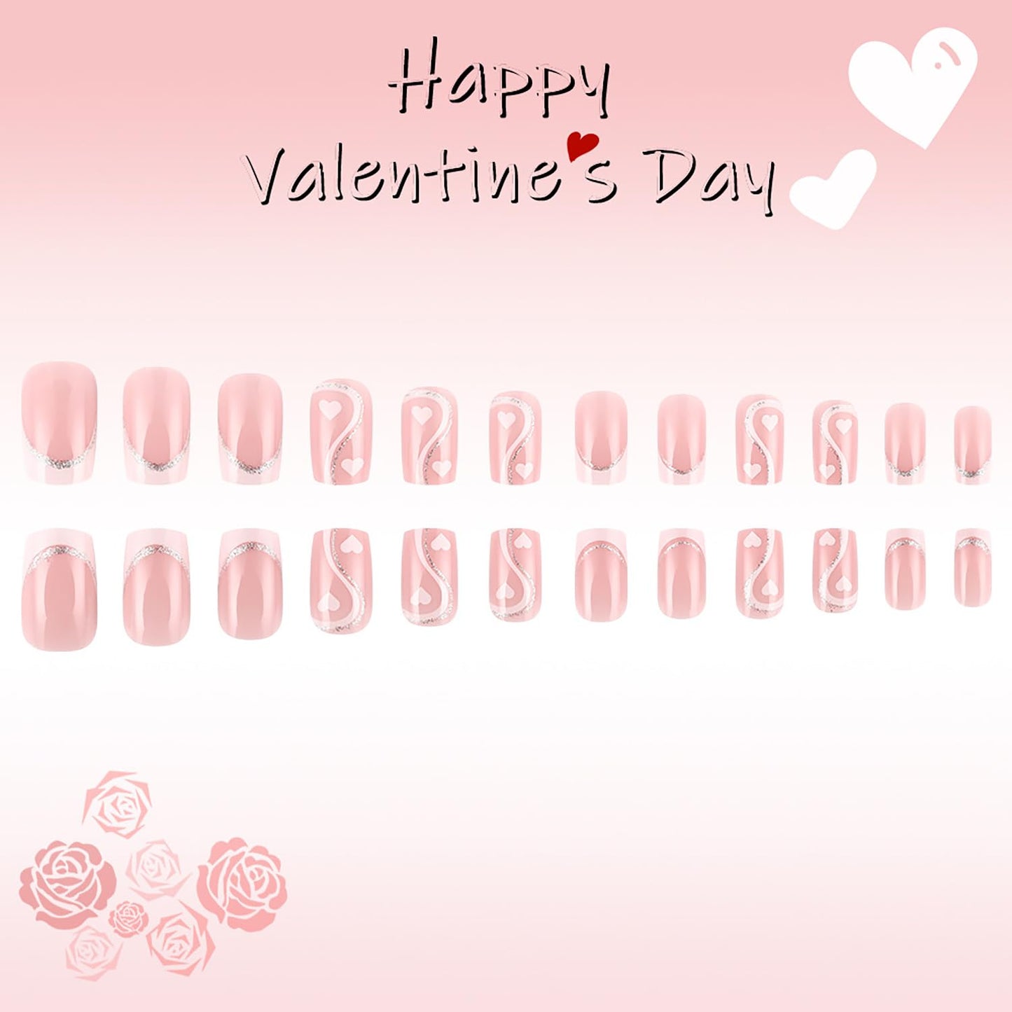 24Pcs Valentine's White French Tip Press on Nails Medium Square White Love Heart Stripe Design Full Cover Coffin Nails Artificial Stick on Nails DIY Holiday Acrylic Nails Set for Women