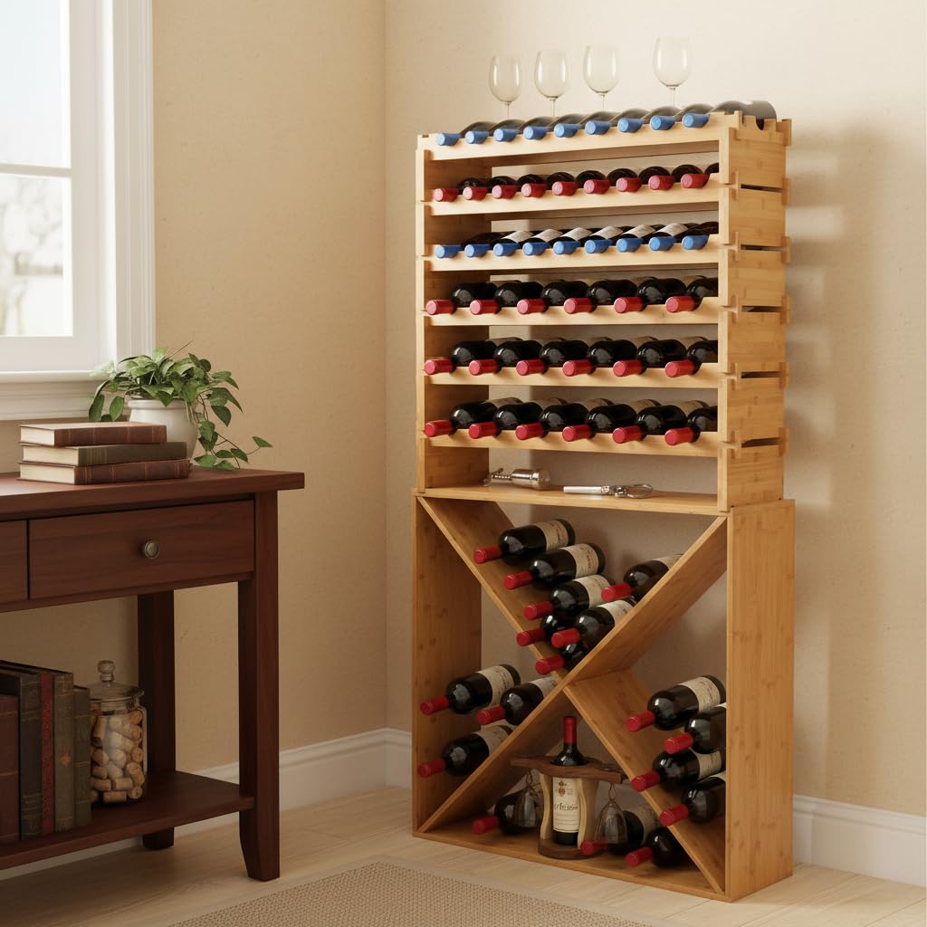 NutriChef 72 Bottle Wine Rack Stackable Bamboo Freestanding, 8-Tier Modular Shelf, Sturdy Wobble Free, Upgraded 2026 Design, Easy No-Tool Assembly for Kitchen, Cellar or Bar Storage 33.5" x 10" x 41"