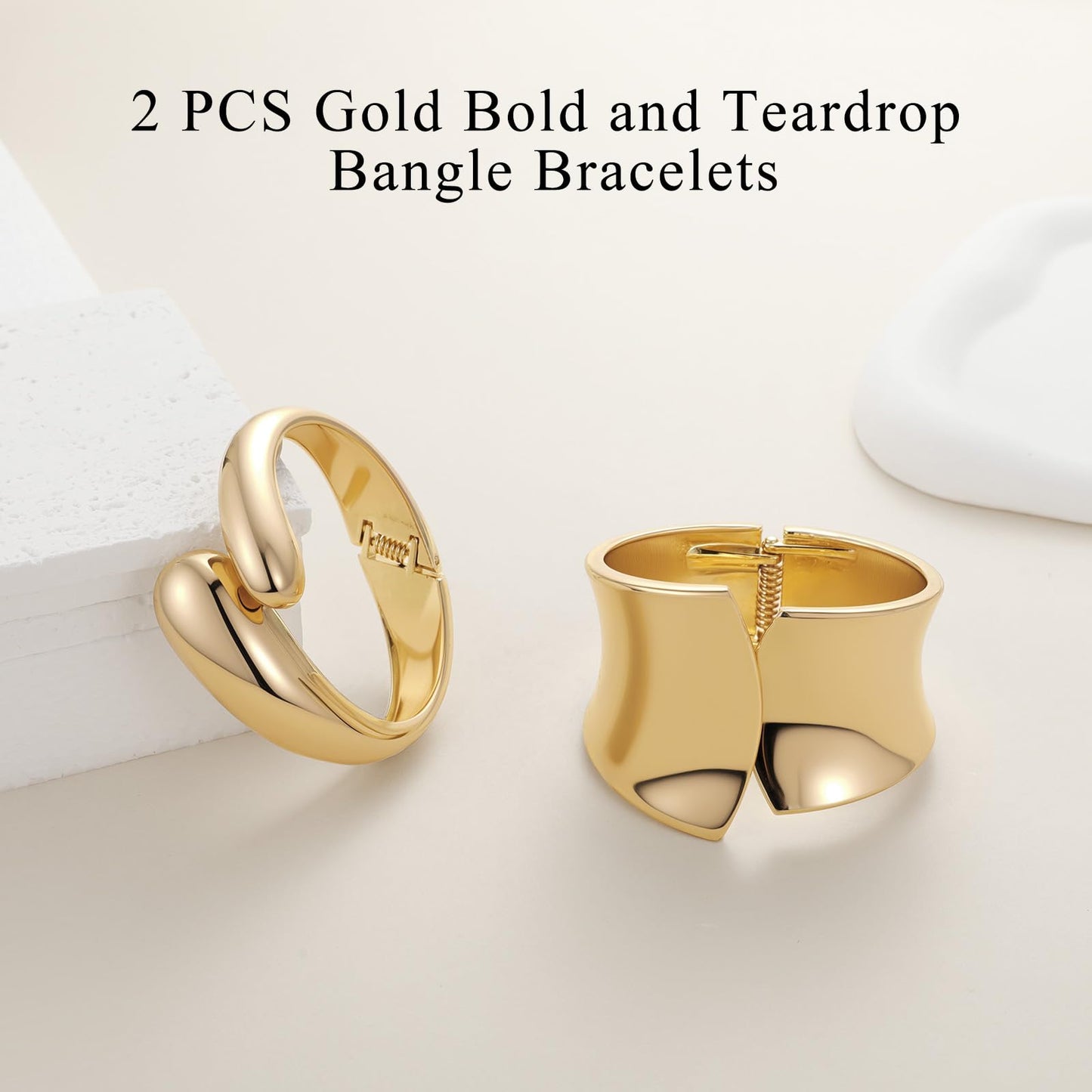 Yowivon Gold Bangles for Women, 2PCS Teardrop Chunky Gold Bracelet Set, Hinged Open Bangle Bracelets Stack for Women, Non Tarnish Thick Cuff, Trendy Jewelry Gifts for Christmas Valentine Birthday