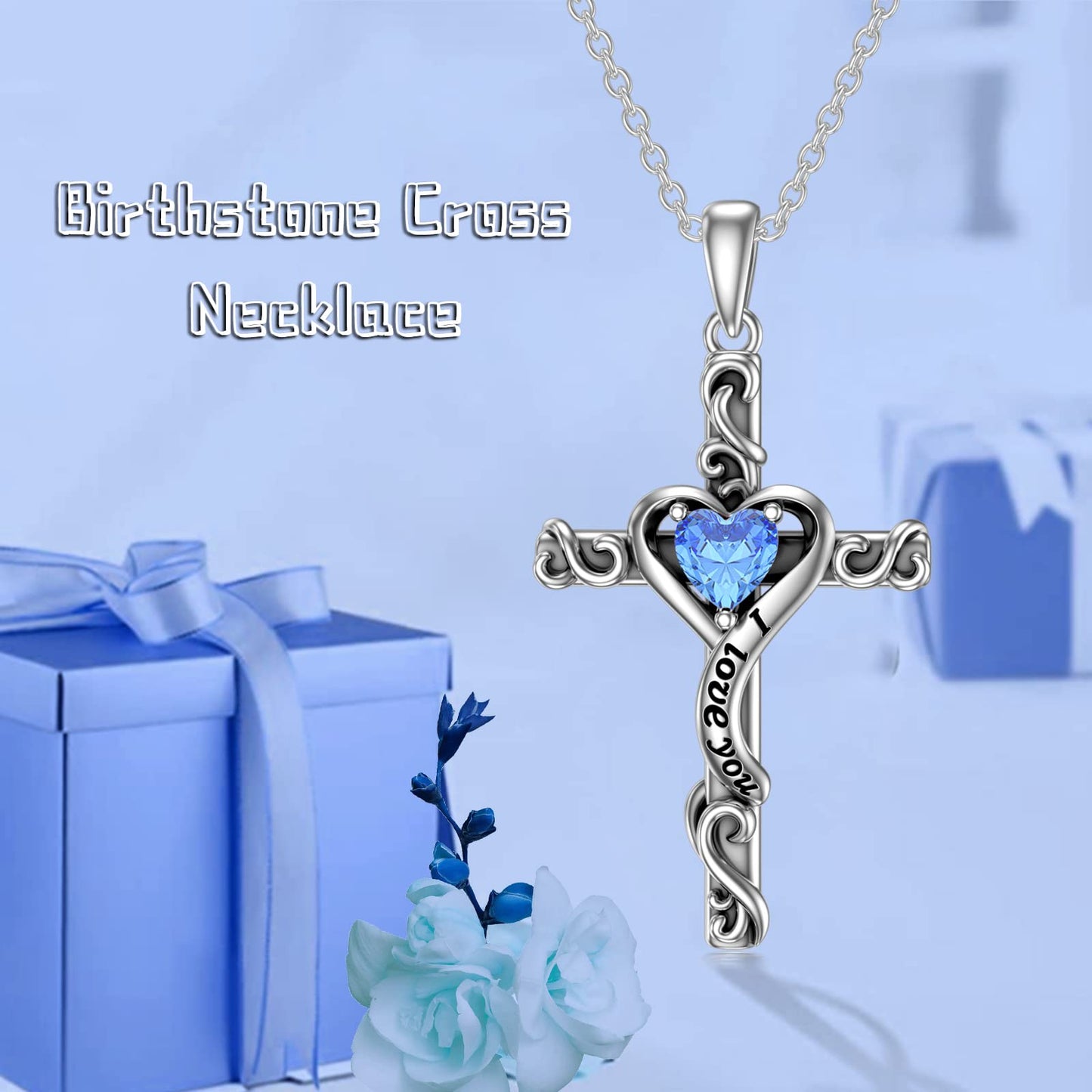 TOUPOP Topaz Cross Necklace for Women Sterling Silver December Birthstone Cross Pendant Necklace Heart Love Jewelry for Her Girlfriend Wife Mom Anniversary Birthday Mothers Day Gifts