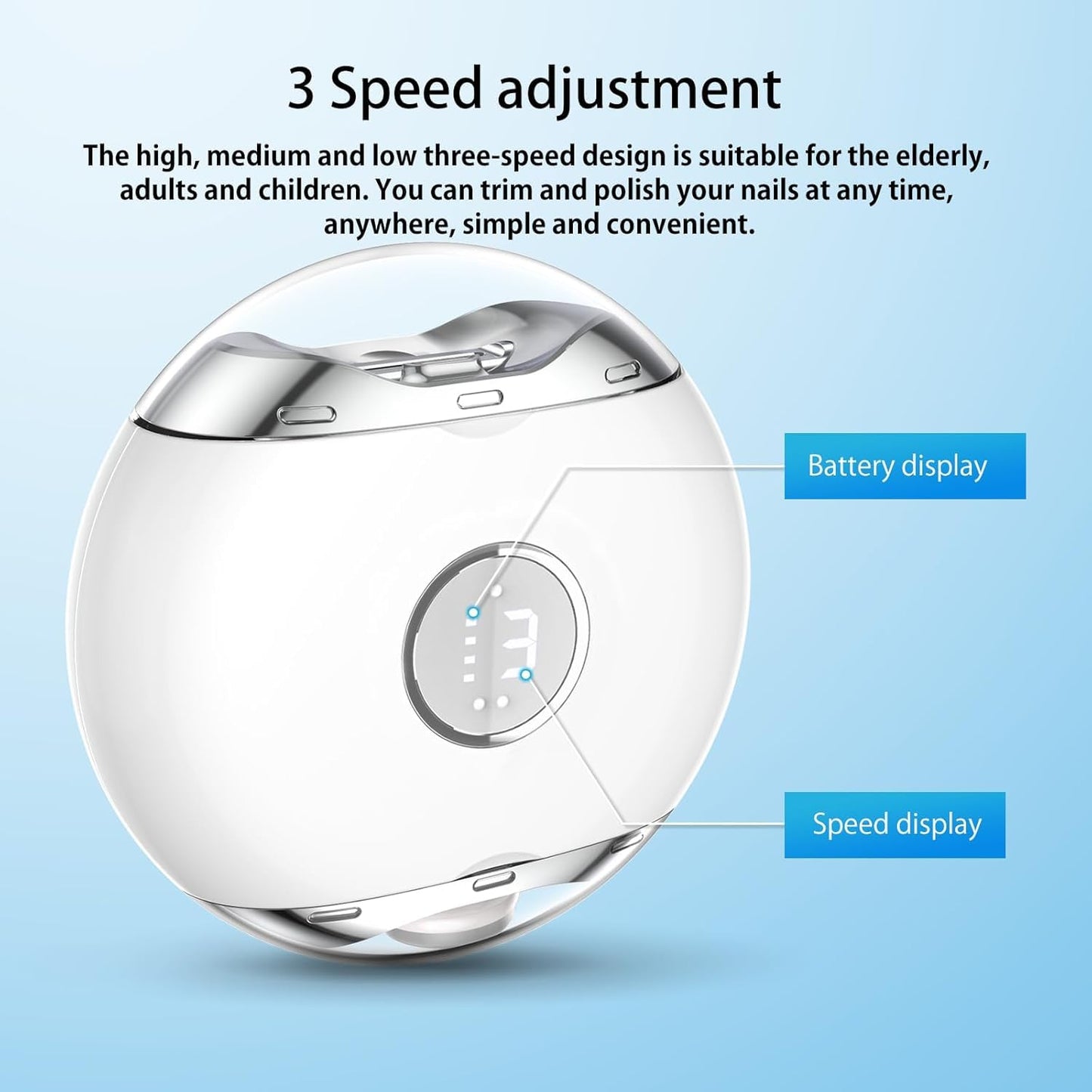 Electric Nail Clipper with LED Light 3 Speeds, Fingernail Cutter and Polisher and Exfoliating 3 in 1 Design, Nail Scraps Storage Rechargeable Safety Fingernail Trimmer