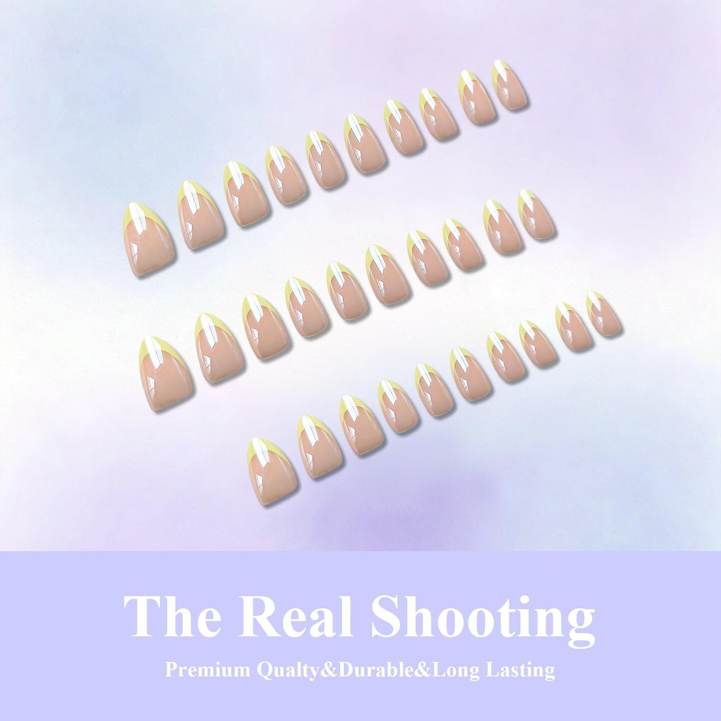 KQueenest Chrome French Tip Press On Nails Short Almond, 30 Pcs Glazed Pastel Yellow Fake Nails Press ons With Mirror Effect, Reusable Long-Lasting Bling Glue on Nails with Glue for Women Manicure