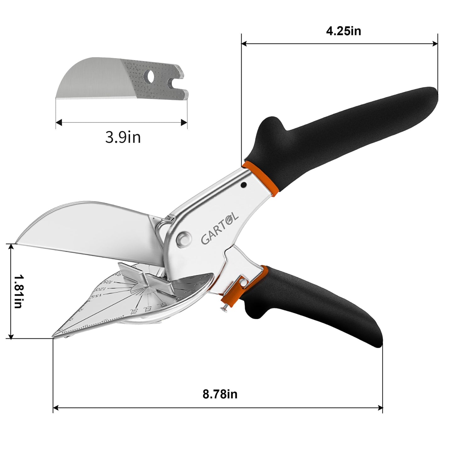 GARTOL Miter Shears, 45-135 Degree Adjustable Angle Scissors, Quarter Round Cutter Tool with Spare SK5 Blades, Trunking Shears for Cutting PVC, Trim and Softwood Moulding (Not for Hardwood)