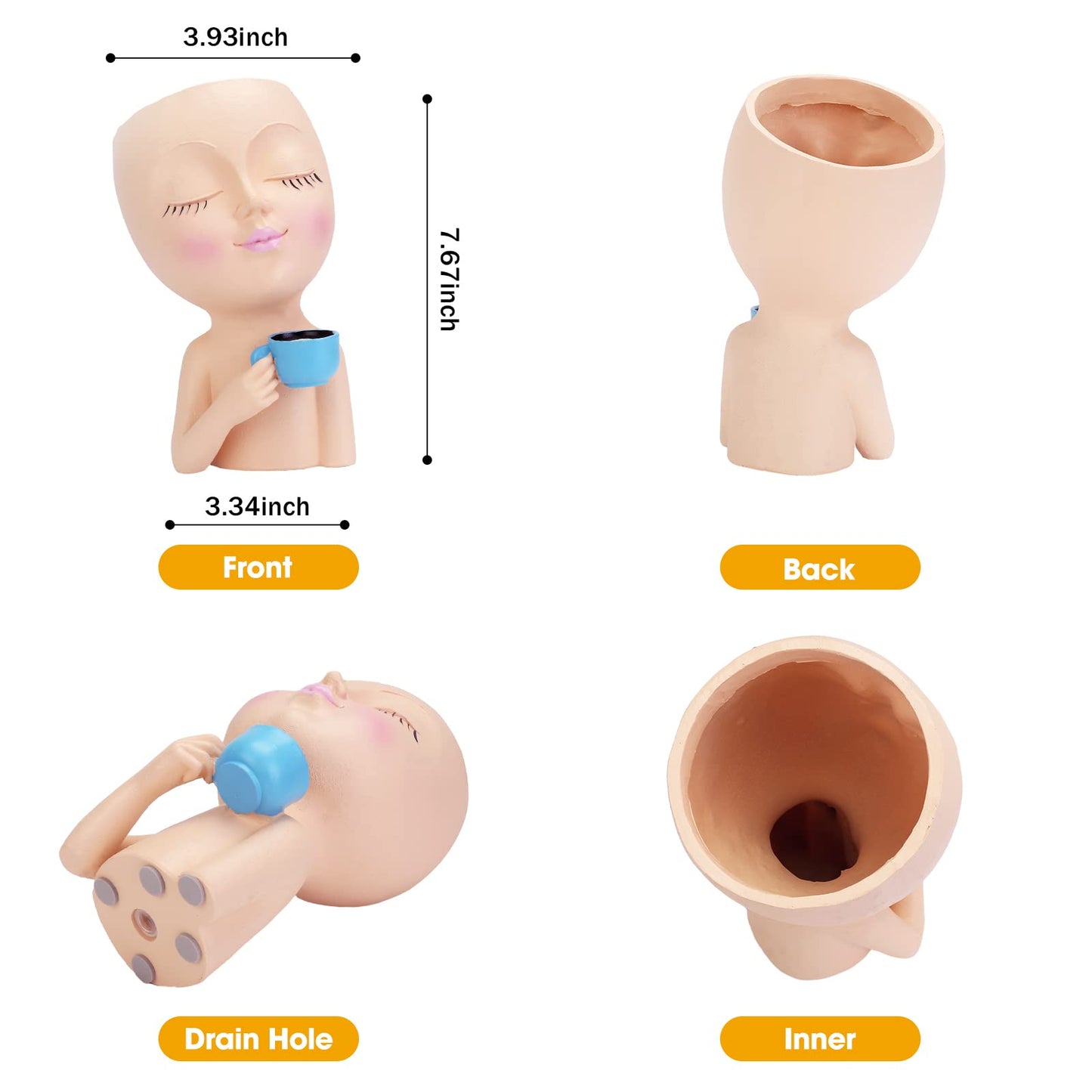 OFFKITSLY Face Shaped Planter Pots, Head Shaped Planter Succulent Pot, Unique Face Flower Pot Planter with Drainage for Indoor Outdoor Plant