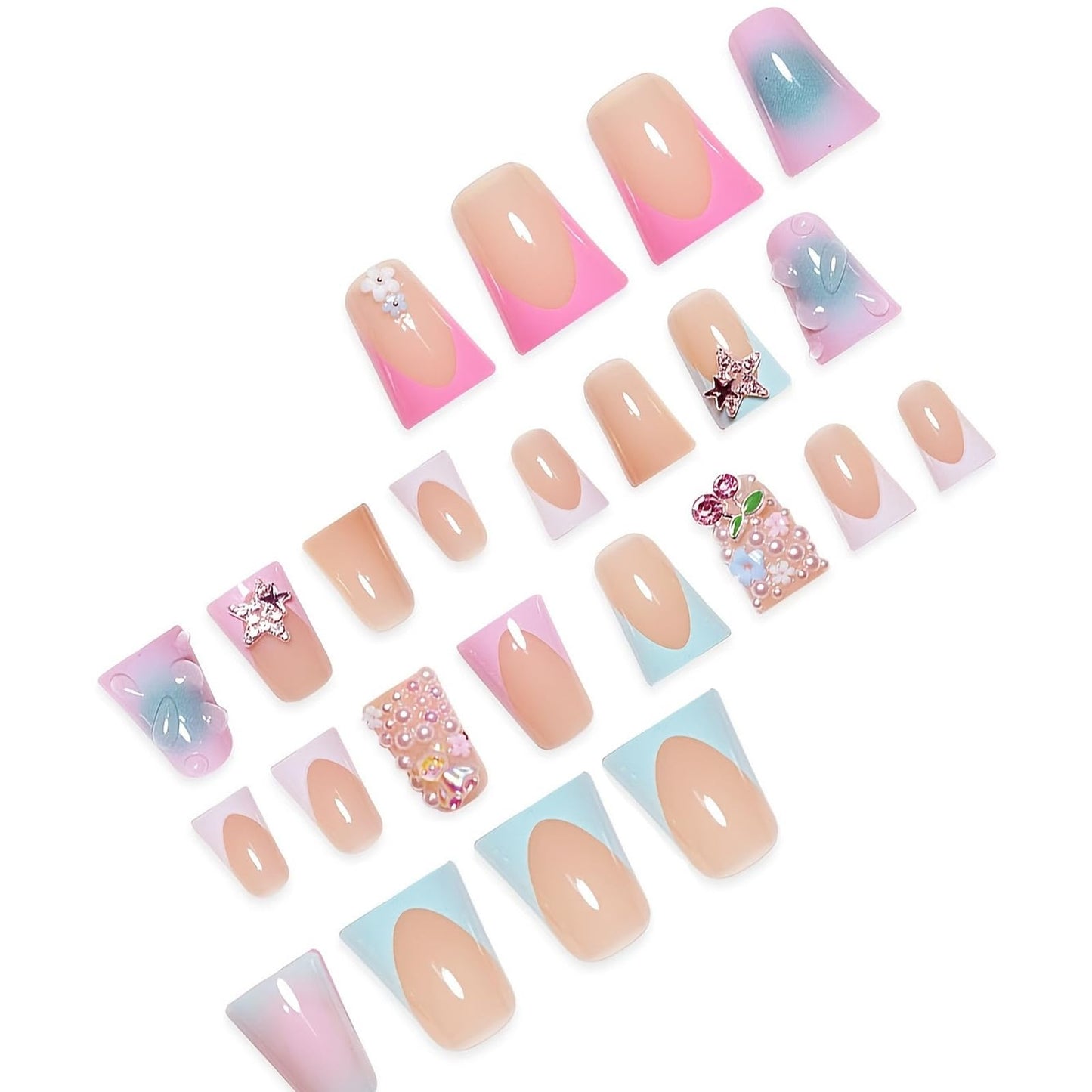 IMRAIN Duck Press on Nails - Rhinestone, Cute Bear, Star | Medium Blue Pink Ombre Fake Nails with Duckbill Designs Full Cover Acrylic False Nails Y2K Duck Feet Glossy Glue on Nails