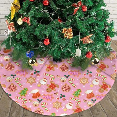Cute Pink Christmas Cookies Tree Skirt 48 Inches Gingerbread Man Sugar Candy Cane Santa Claus Tree Skirts Xmas Mat Farmhouse Holiday Party New Year Supplies Ornaments Decorations