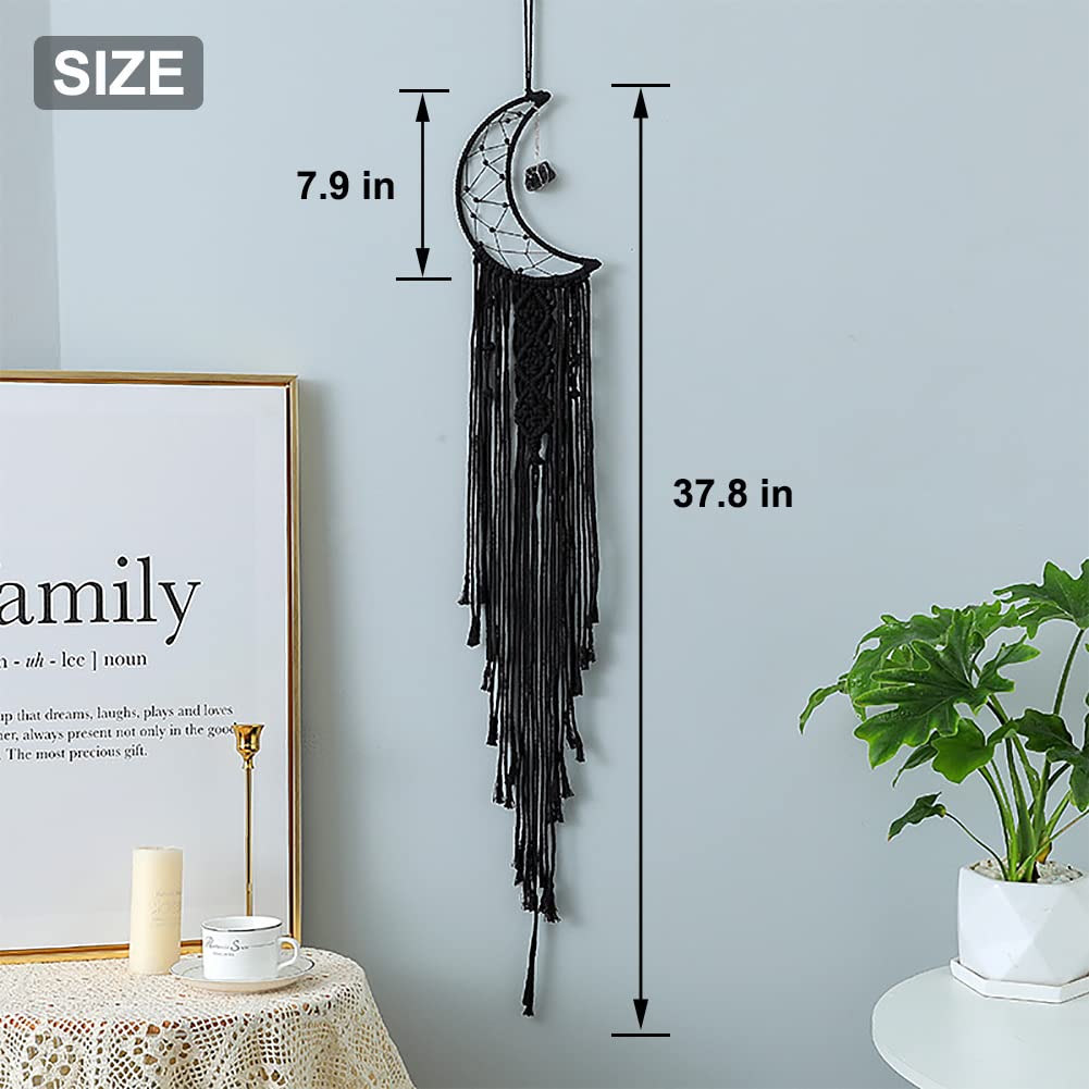 MOONFLY Black Moon Dream Catcher with Handmade Crystal Stone Design Woven Cotton Boho Macrame Wall Hanging Home Decoration Ornament Craft Gift(Black Crystal Stone Moon)