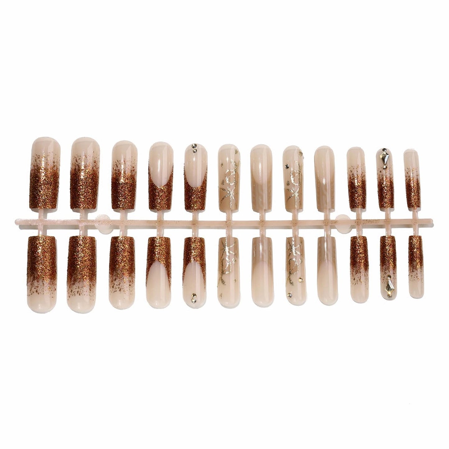 MISUD Press on Nails - Long Square Fake Nails with Gold Brown, Acrylic Bling Glitter Design 24 pcs
