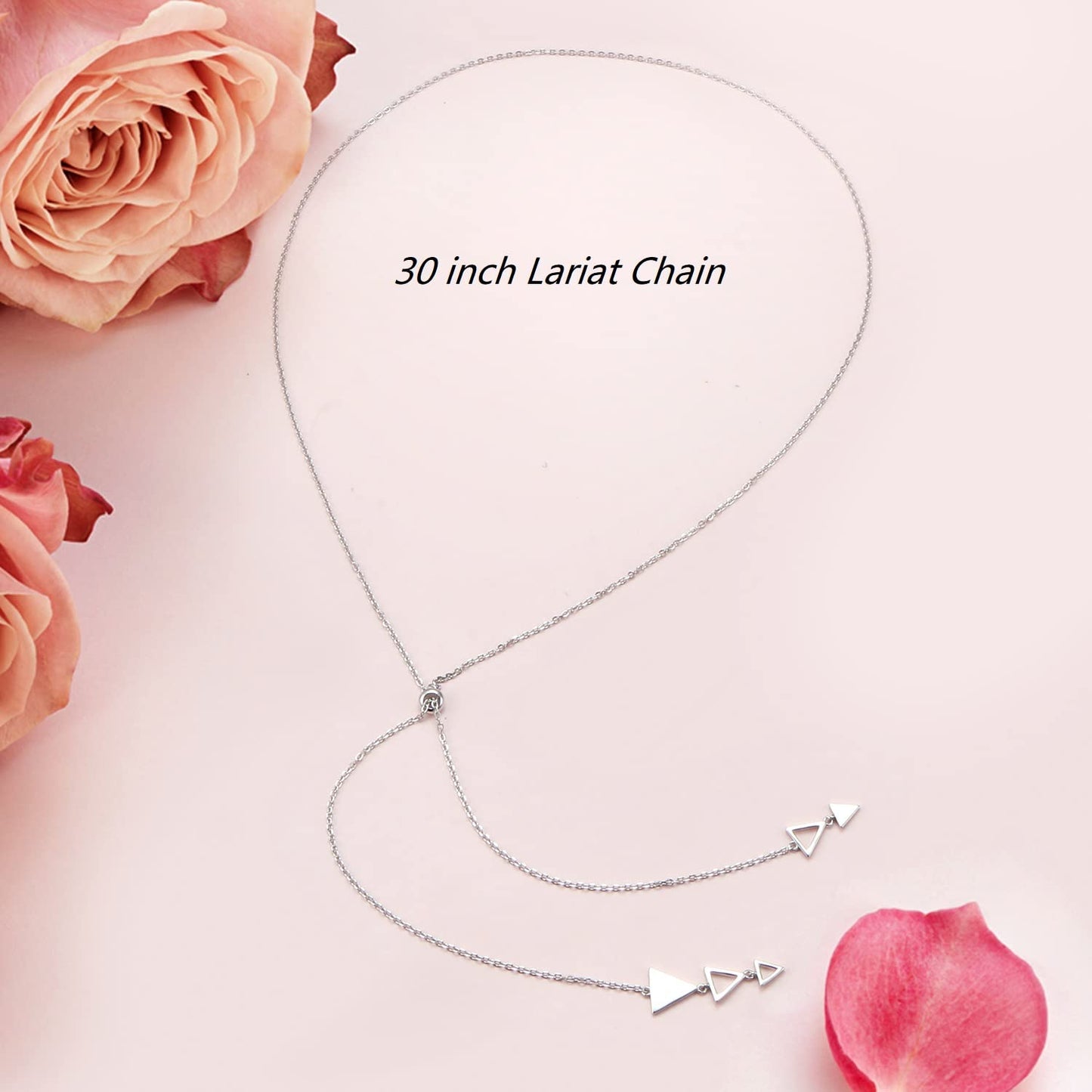 FLYOW 30 Inch Long Chain Dainty Lariat Necklace Simple Style 925 Sterling Silver Multiple Triangle Pendant Adjustable Y Shaped Necklace Jewelry