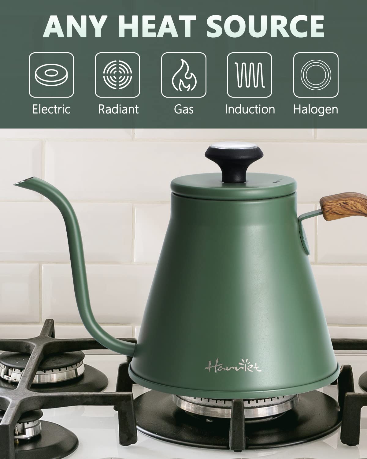 Harriet Gooseneck Kettle with Thermometer for Pour Over Coffee and Tea, 37 fl oz, Stainless Steel, Durable 3-Layer Base, Ideal Spout for Precision Pouring, Compatible with all Stove Tops, Green