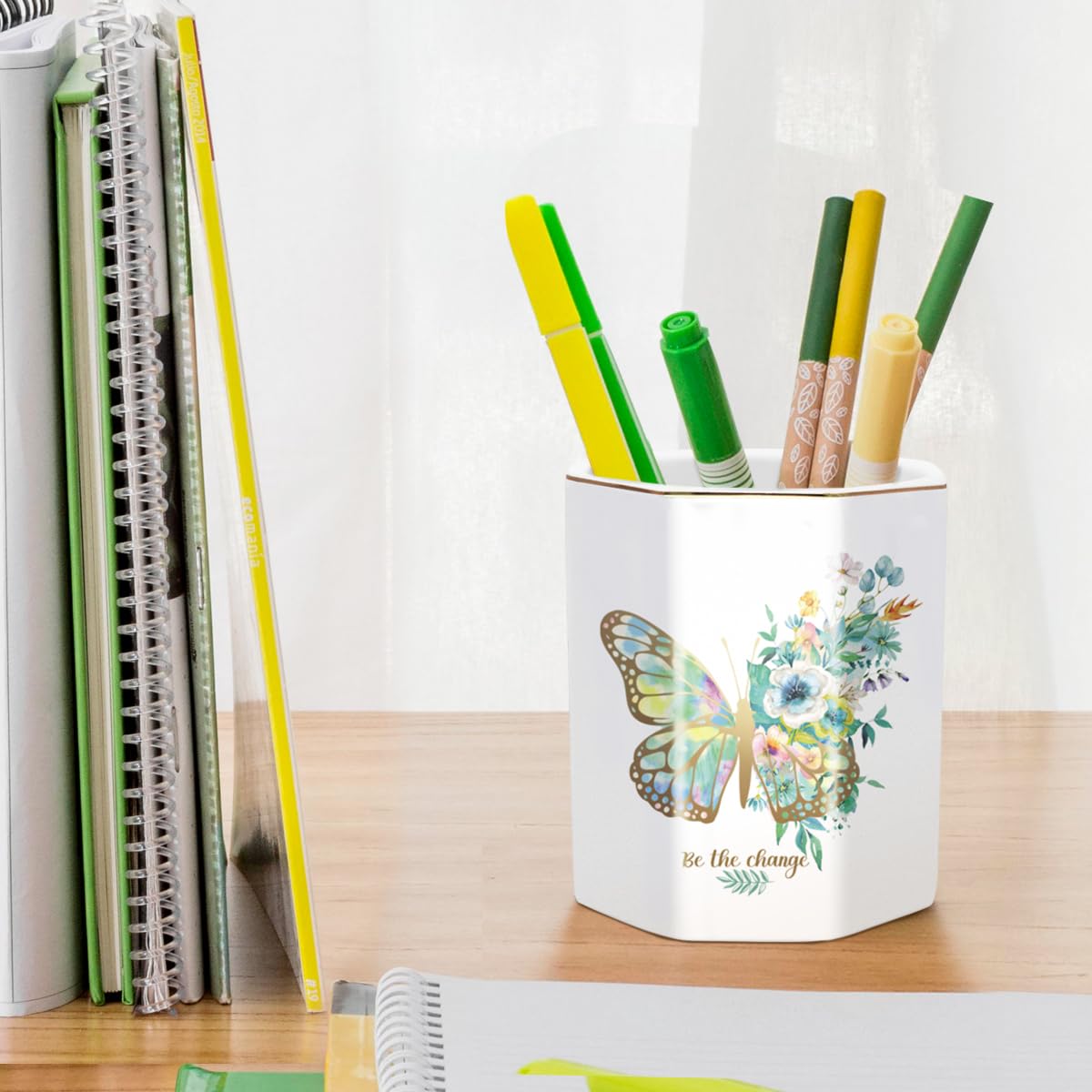 WAVEYU Pencil Pen Holder for Desk, Ceramic Cute Makeup Brush Holder, Desktop Supplies and Accessories for Women Students, Art Supply Caddy, Butterfly Pattern