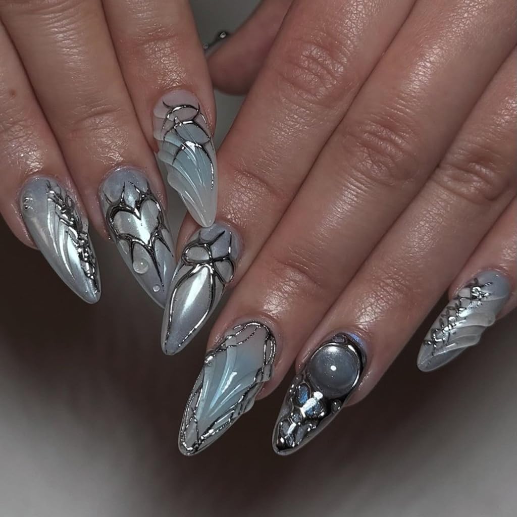CTTHNBD Press on Nails Almond - Blue Fake Nails with Bow Heart Desgin - Y2k, Medium False Nails Press ons - for Women 24 Pcs