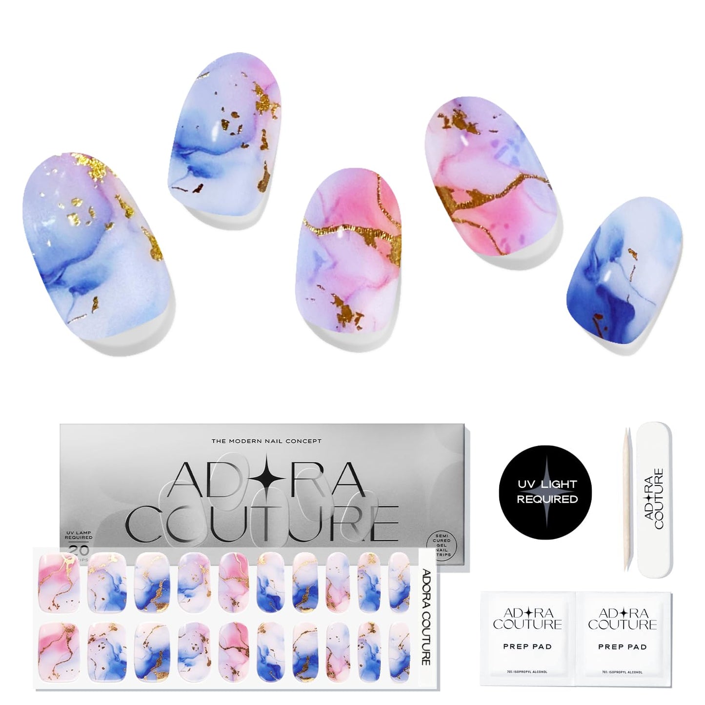 Adora Couture Semi Cured Gel Nail Strips with 20 Pieces - UV Gel Stickers, Manicure Kit, Easy Application Wraps Includes Prep Pads, Nail File, Wooden Stick - UV Light Required (Marbled Sky)