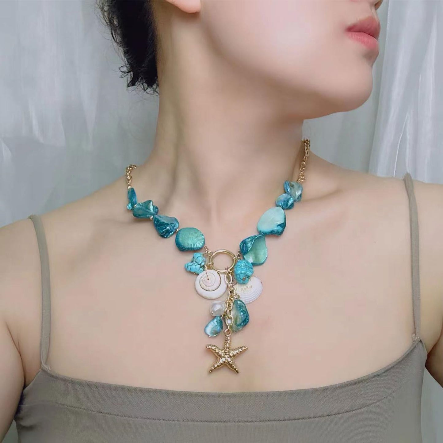 Decixde Shell Necklace Gold Starfish Necklace Seashell Necklaces Sea Starfish Necklaces Conch Necklace Summer Beach Jewelry (blue)