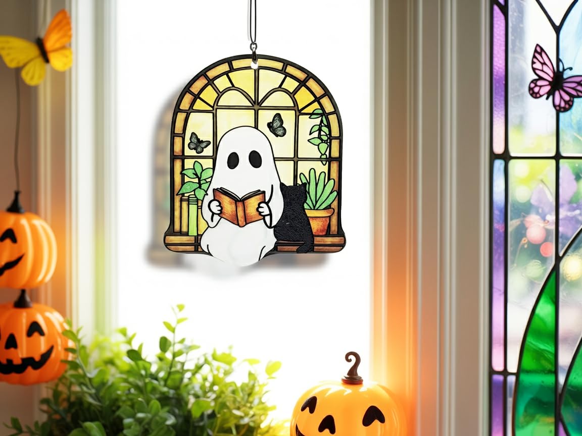 Ghost Black Cat Suncatcher, Ghost Reading Book Christmas Giifts for Women, Cat Lover Gifts