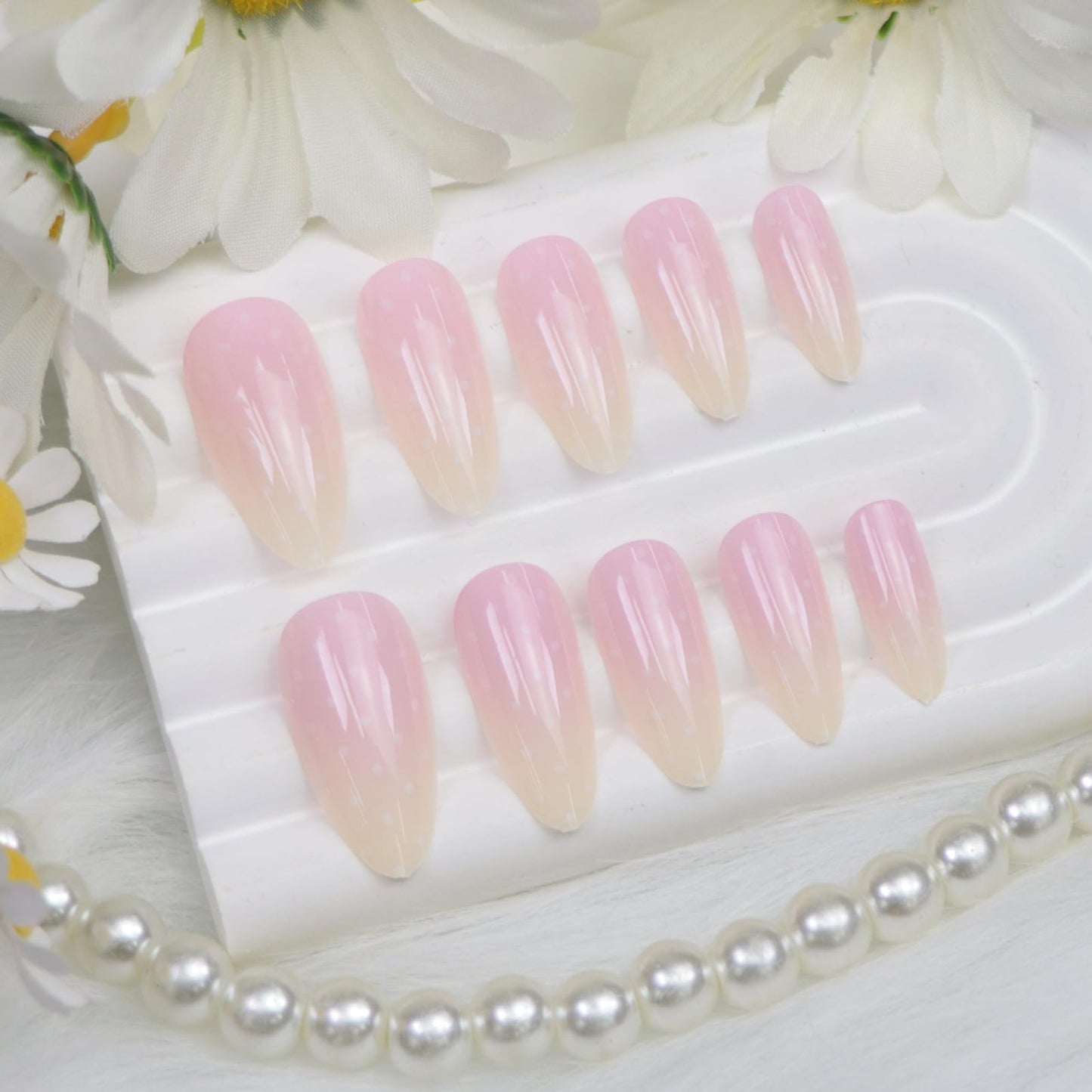 Press on Nails Almond Medium Fake Nails Pink Ombre Nails Press ons Glossy Glue on Nails with White Dot Designs Artificial Stick on Nail for Women 24 Pcs