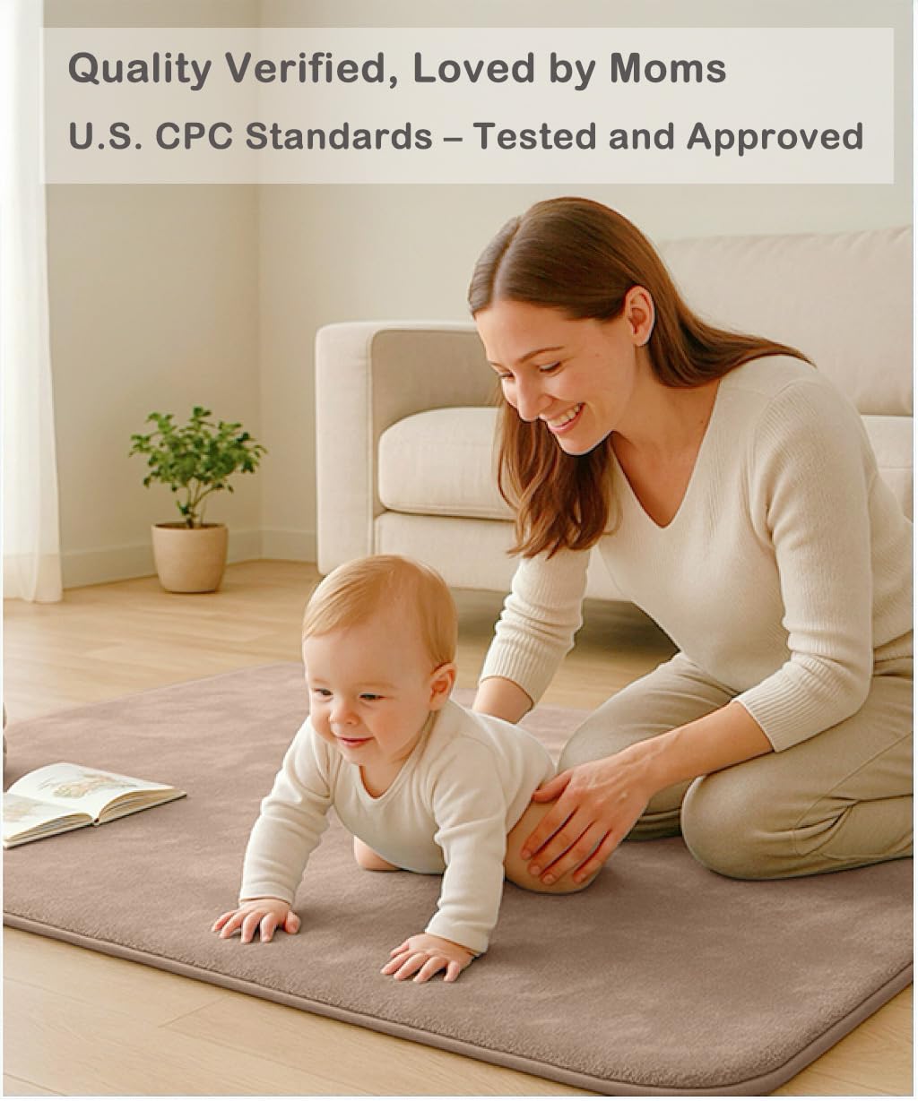 Lansber Thick Padded Baby Floor Play Mat 1.2" Cushioned Velvet Surface Non Slip Bottom High Density Foam Safe and Soft Floor Mat for Infants Toddlers and Playpen Use (Lightbrown, 50X 50)
